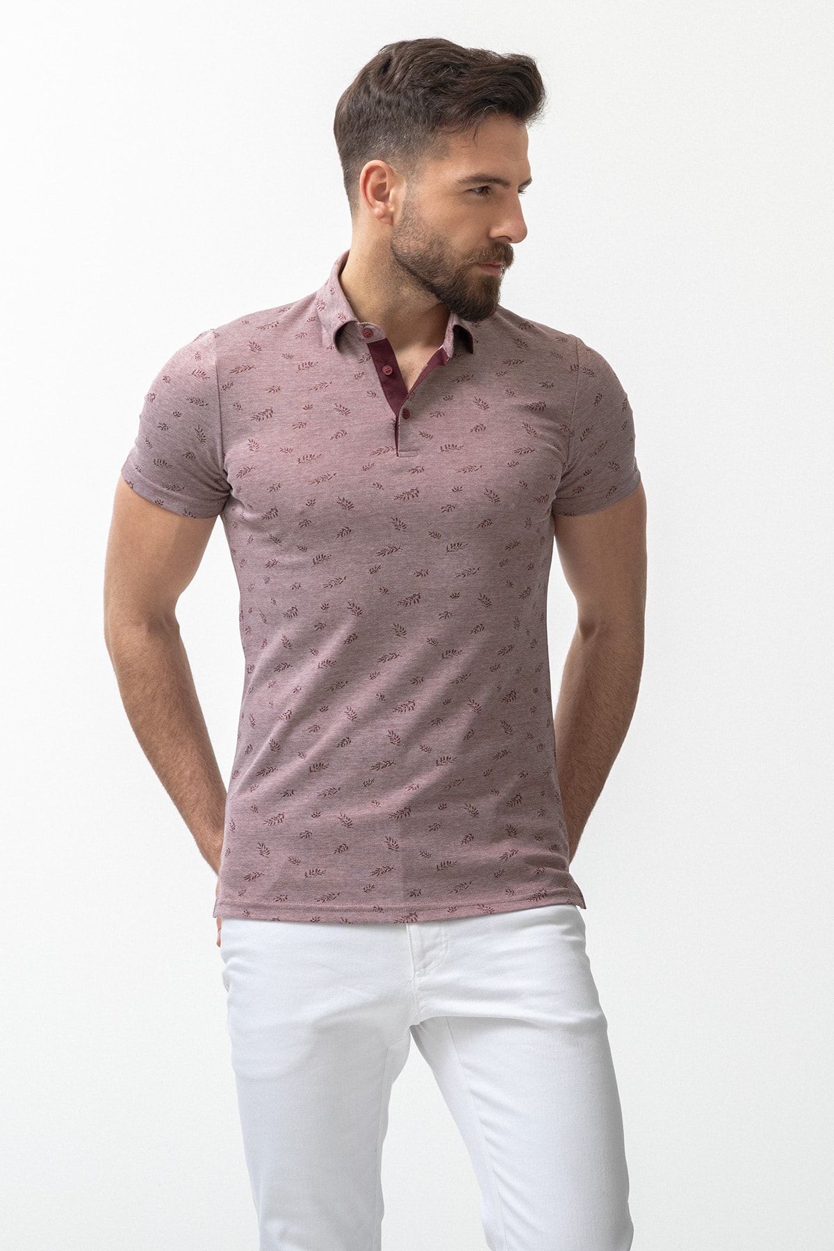 Yaprak Desenli Slim Fit Polo Yaka Erkek T-Shirt