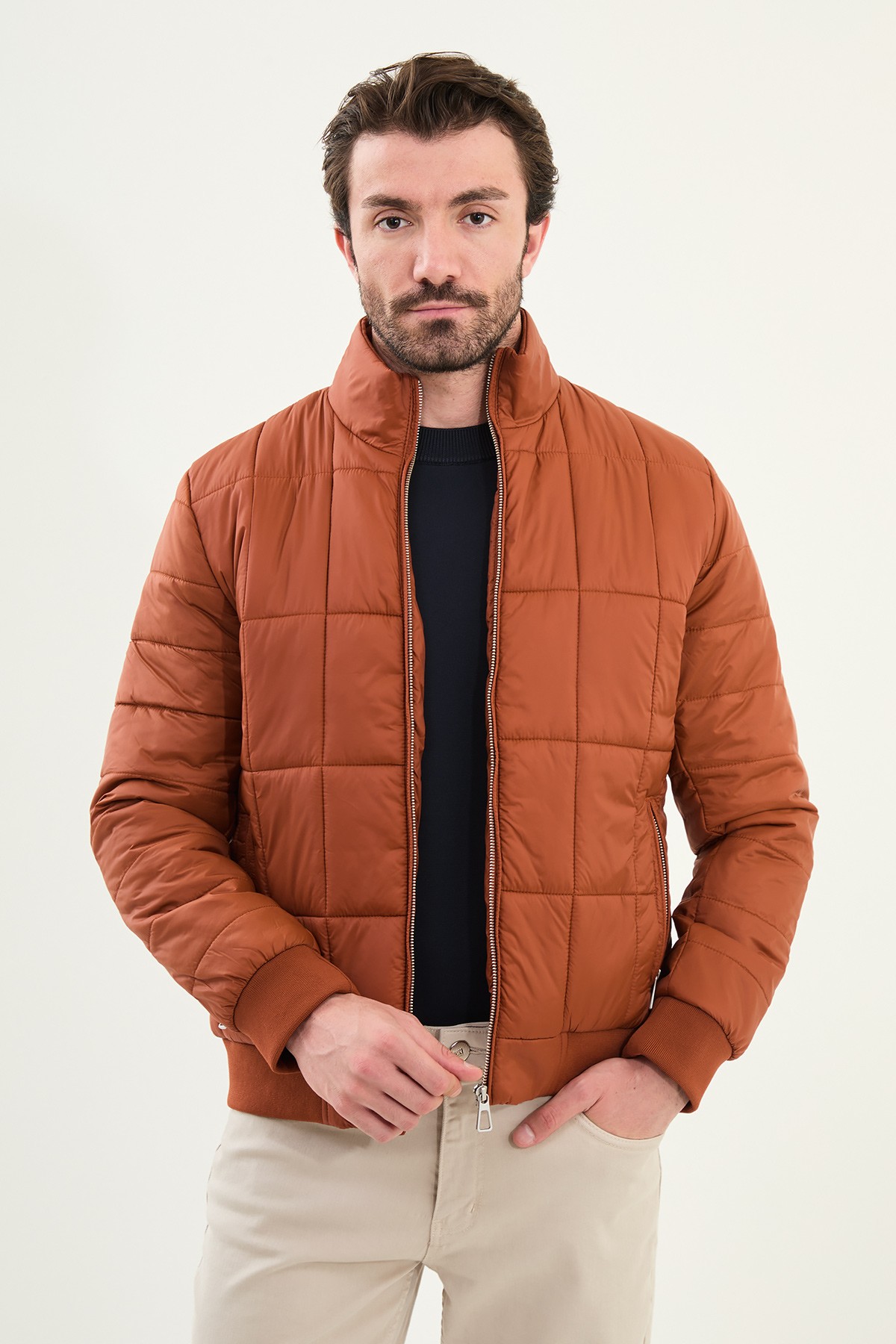 Kapitone Slim Fit Hakim Yaka Şişme Erkek Mont - Kiremit