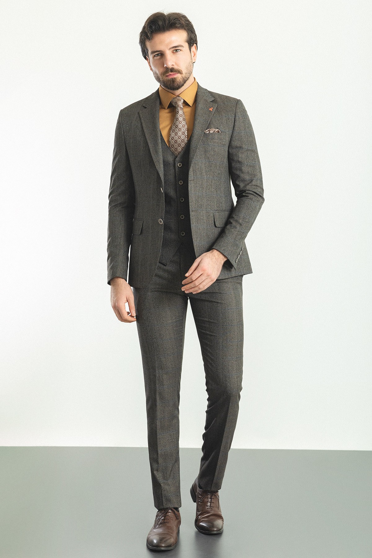 Ekoseli Slim Fit Mono Yaka Yün Erkek Takım Elbise
