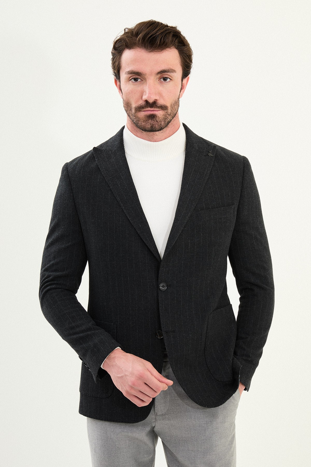 Çizgili Slim Fit Torba Cep Geniş Yaka Yün Erkek Ceket