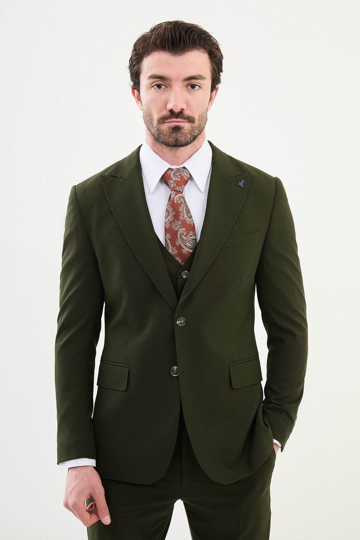 Düz Slim Fit Mono Yaka Klasik Erkek Takım Elbise - Haki