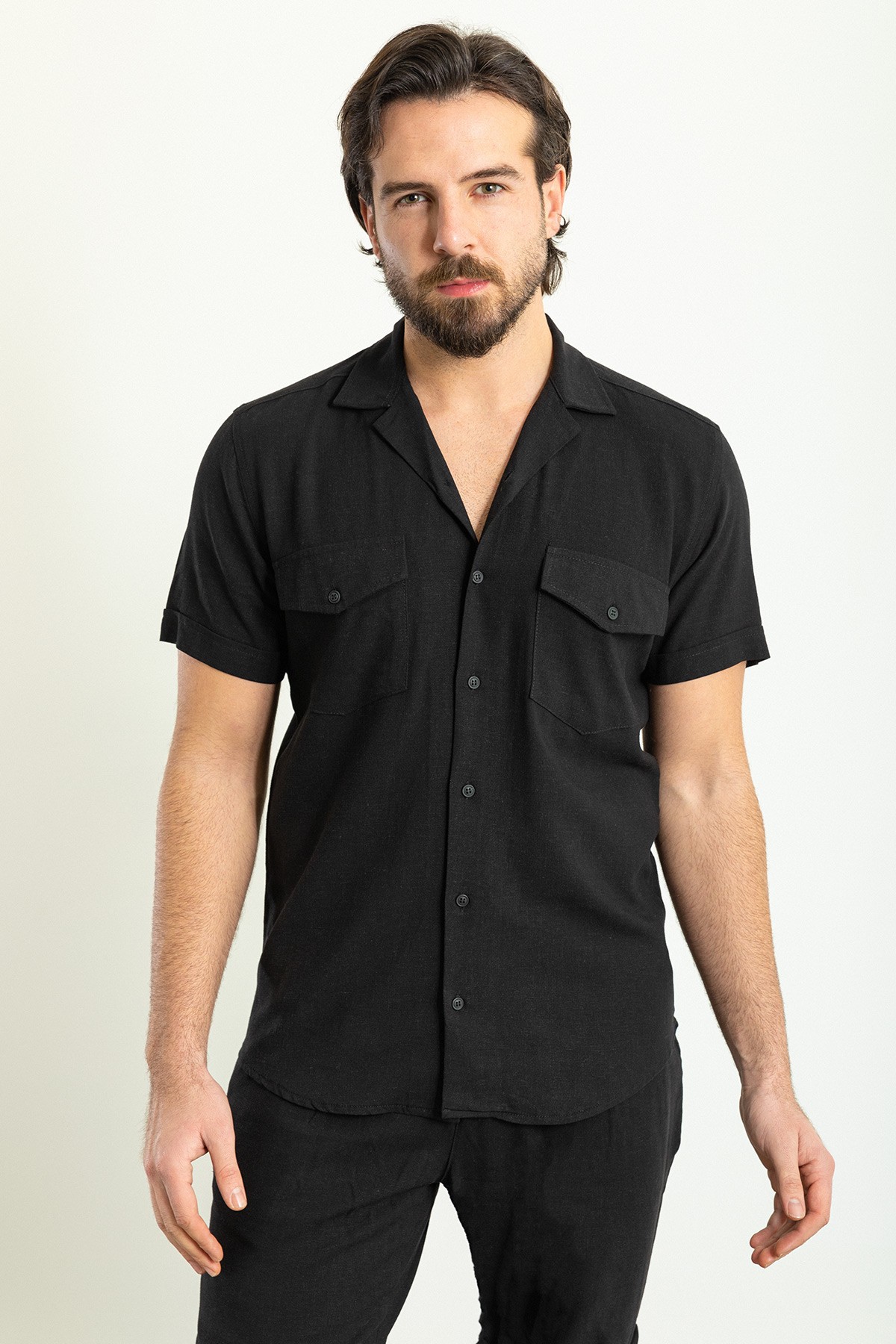 Düz Slim Fit Apaç Yaka Keten Erkek Gömlek Şort Takım