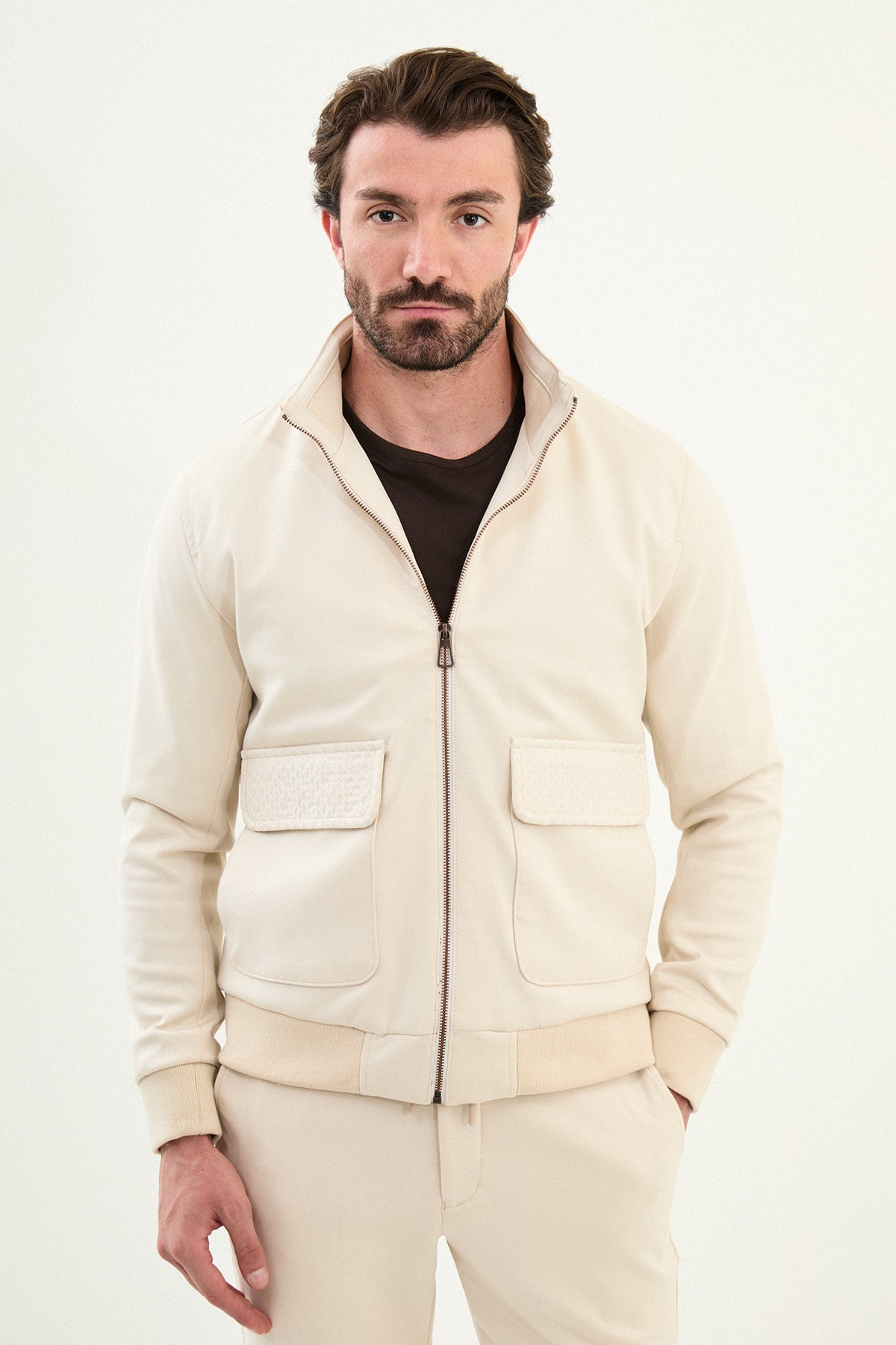 Düz Slim Fit Fermuarlı Torba Cepli Hakim Yaka Pantolon Mont - Ekru