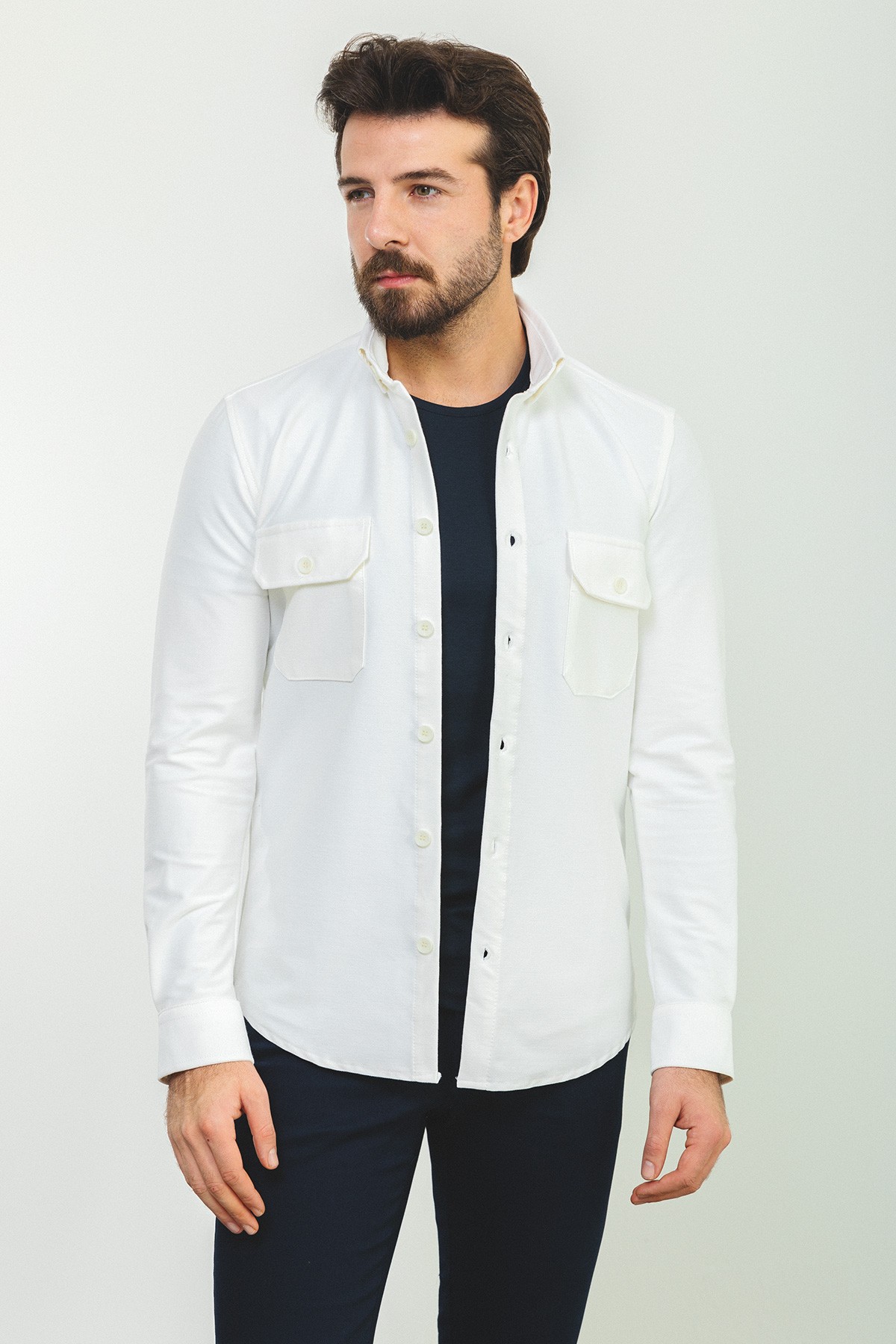 Düz Slim Fit Oduncu Erkek Gömlek - Ekru