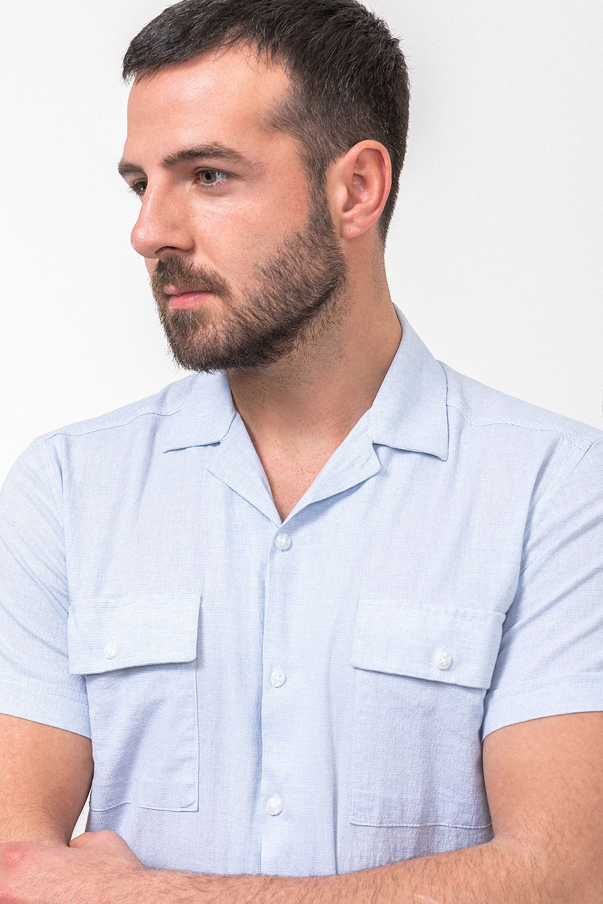 Kırçıllı Slim Fit Apaç Yaka Kısa Kollu Erkek Gömlek