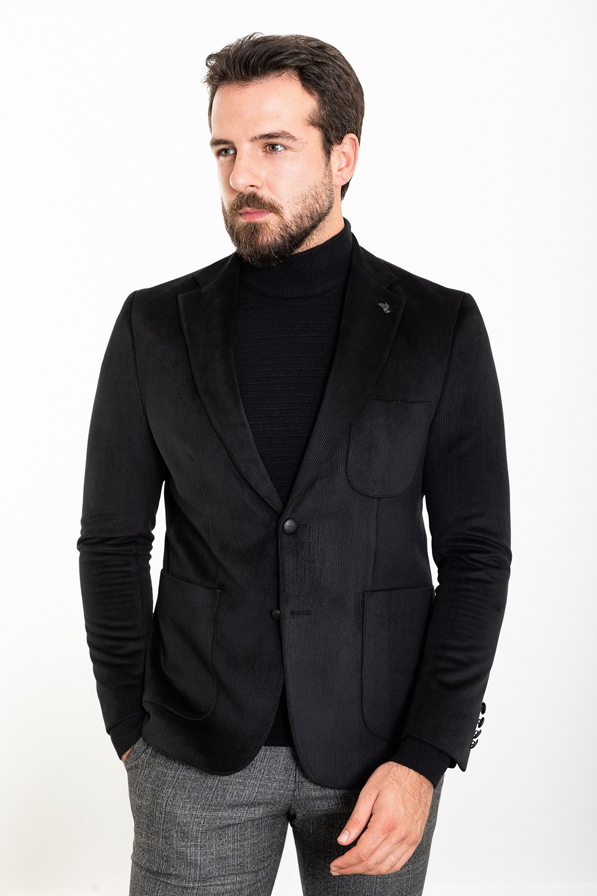 Çizgili Slim Fit Torba Cep Mono Yaka Kadife Erkek Ceket