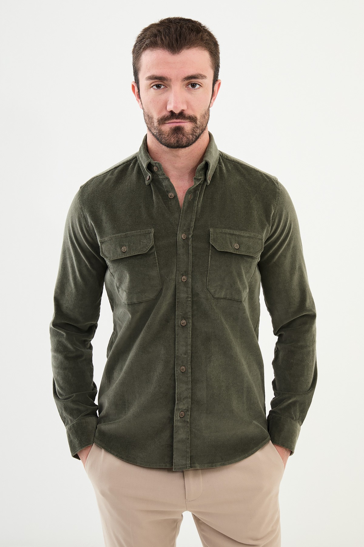 Düz Slim Fit Kadife Erkek Gömlek