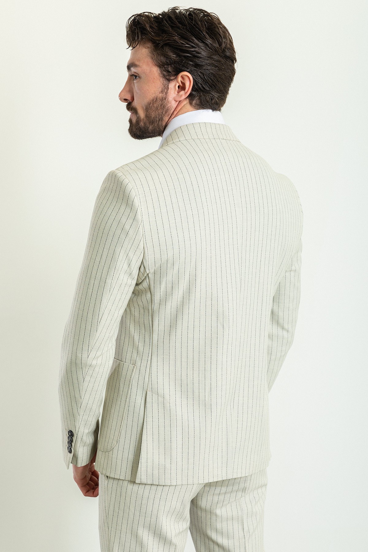 Çizgili Slim Fit Geniş Yaka Keten Erkek Takım Elbise