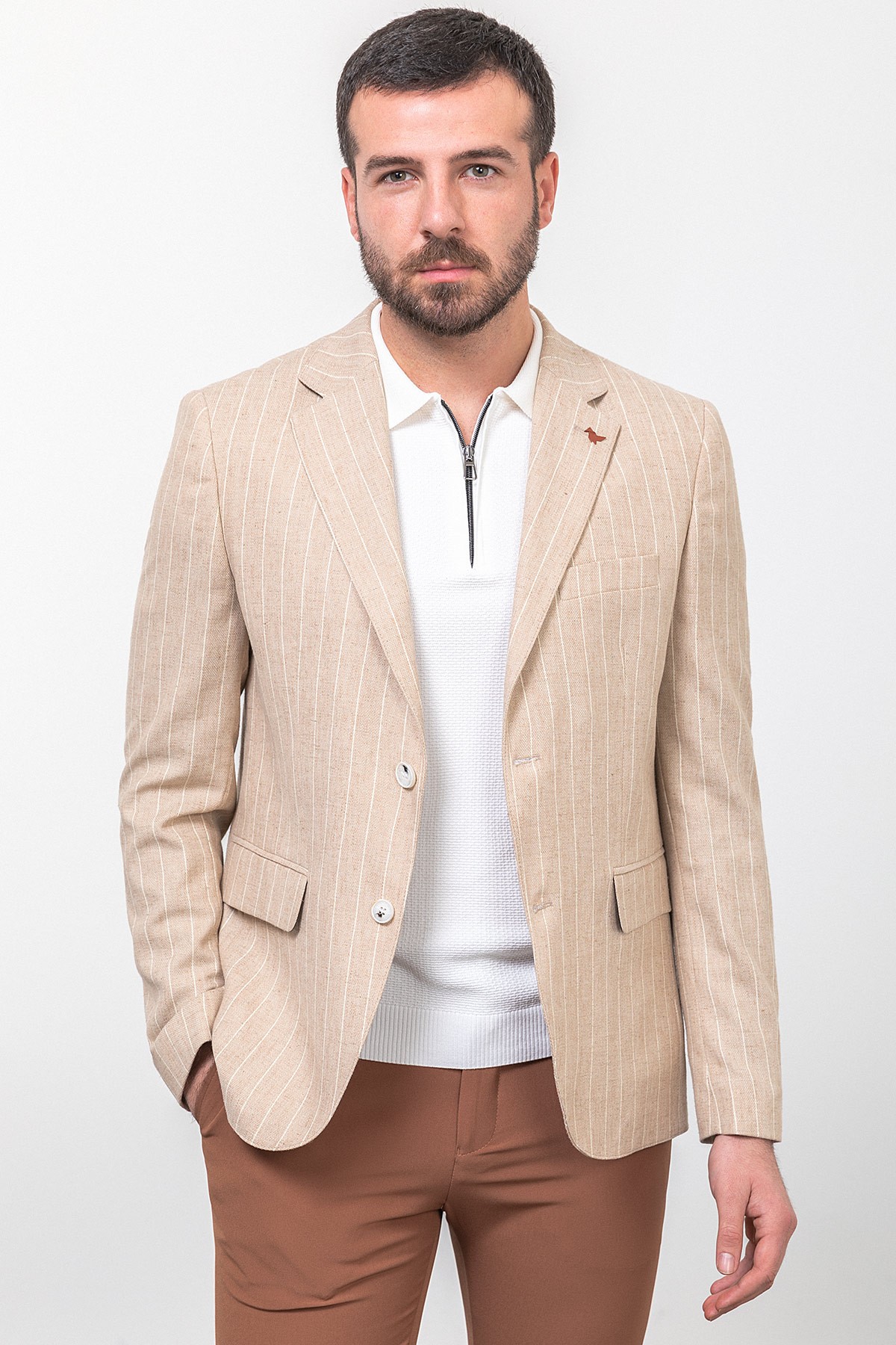 Çizgili Slim Fit Mono Yaka Keten Erkek Ceket - Bej