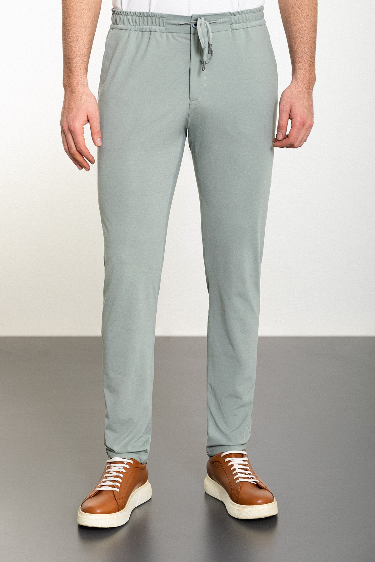 Düz Super Slim Fit Beli Lastikli İpli Erkek Pantolon - Açık Yeşil