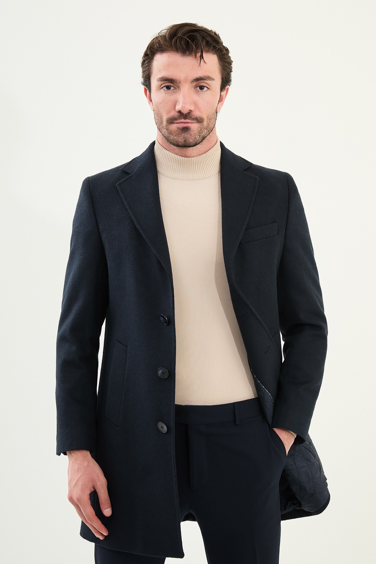 Düz Slim Fit Mono Yaka Klasik Yün Erkek Kaban - Lacivert