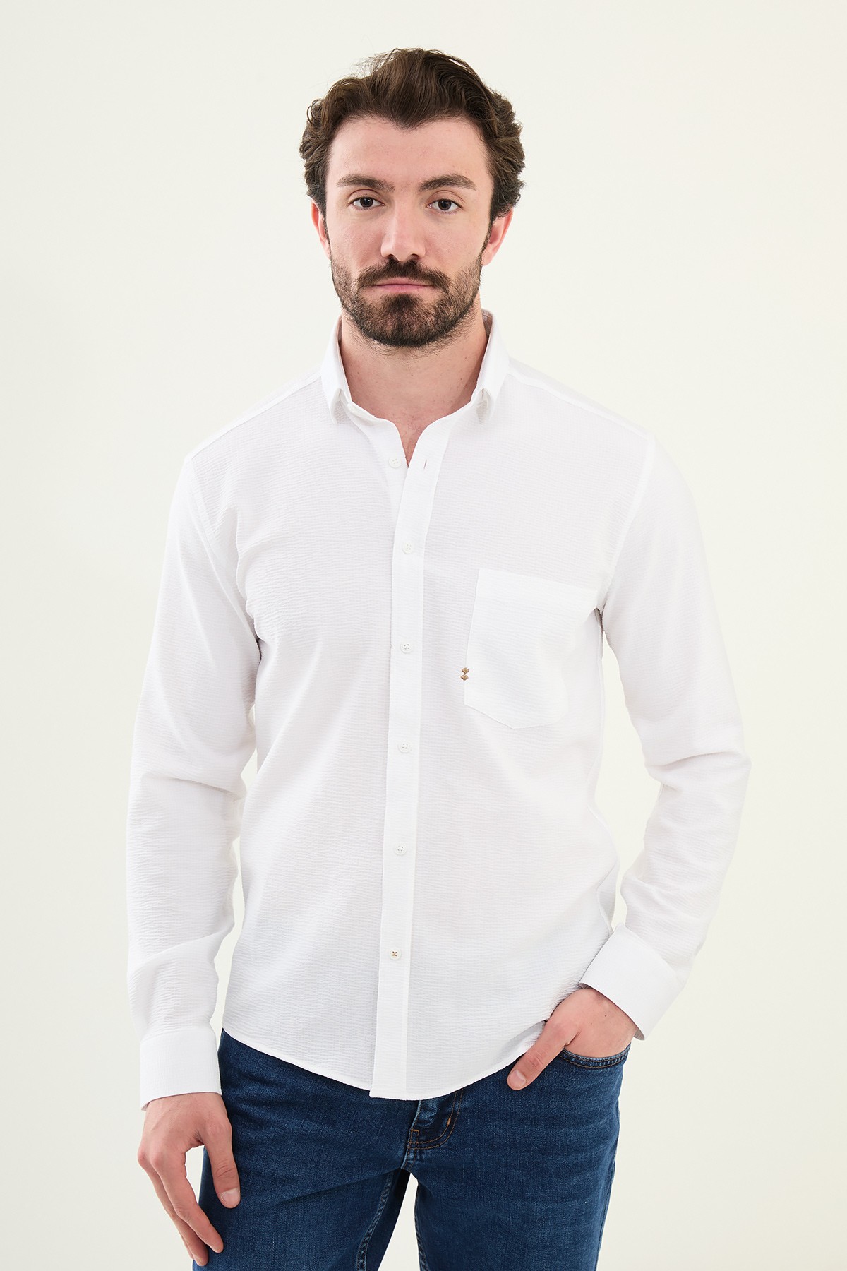 Gofreli Slim Fit Pamuk Erkek Gömlek - Beyaz
