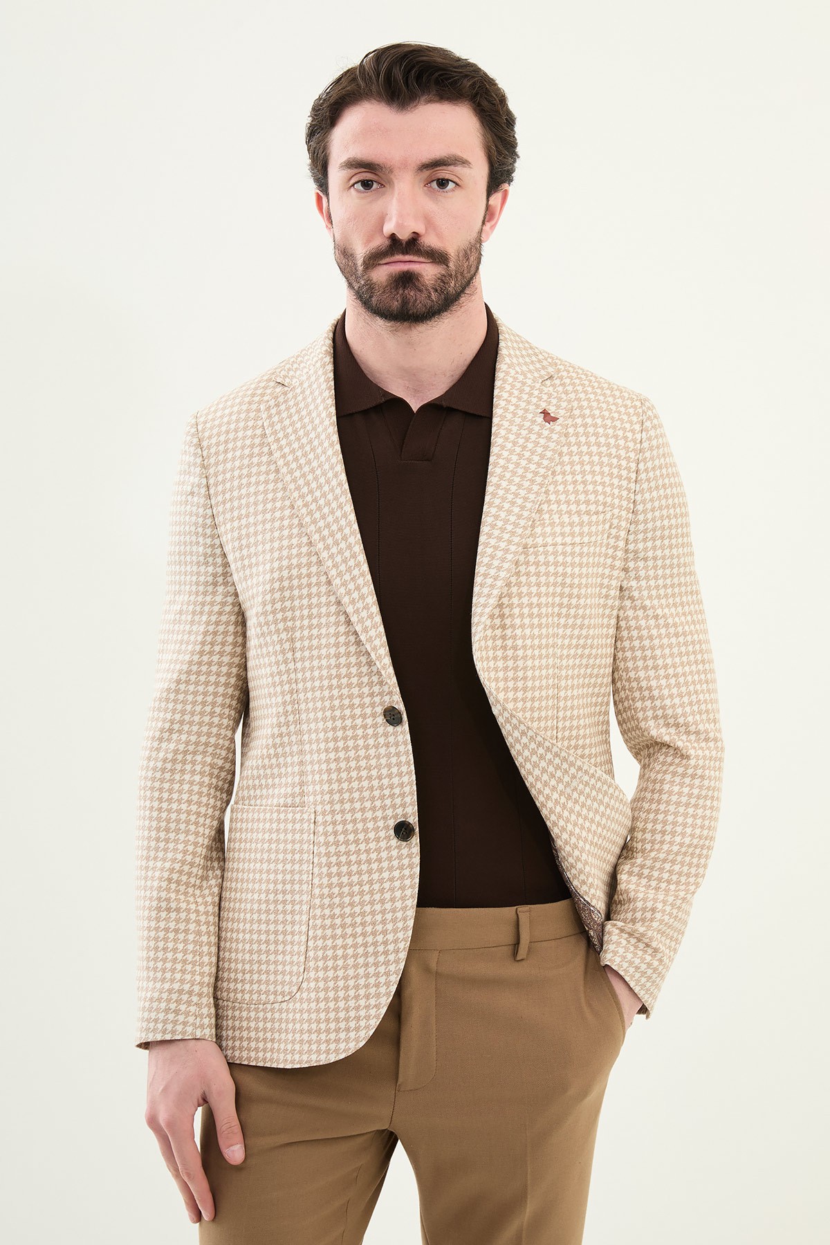 Kazayagı Desenli Slim Fit Torba Cep %100 Keten Erkek Ceket - Bej