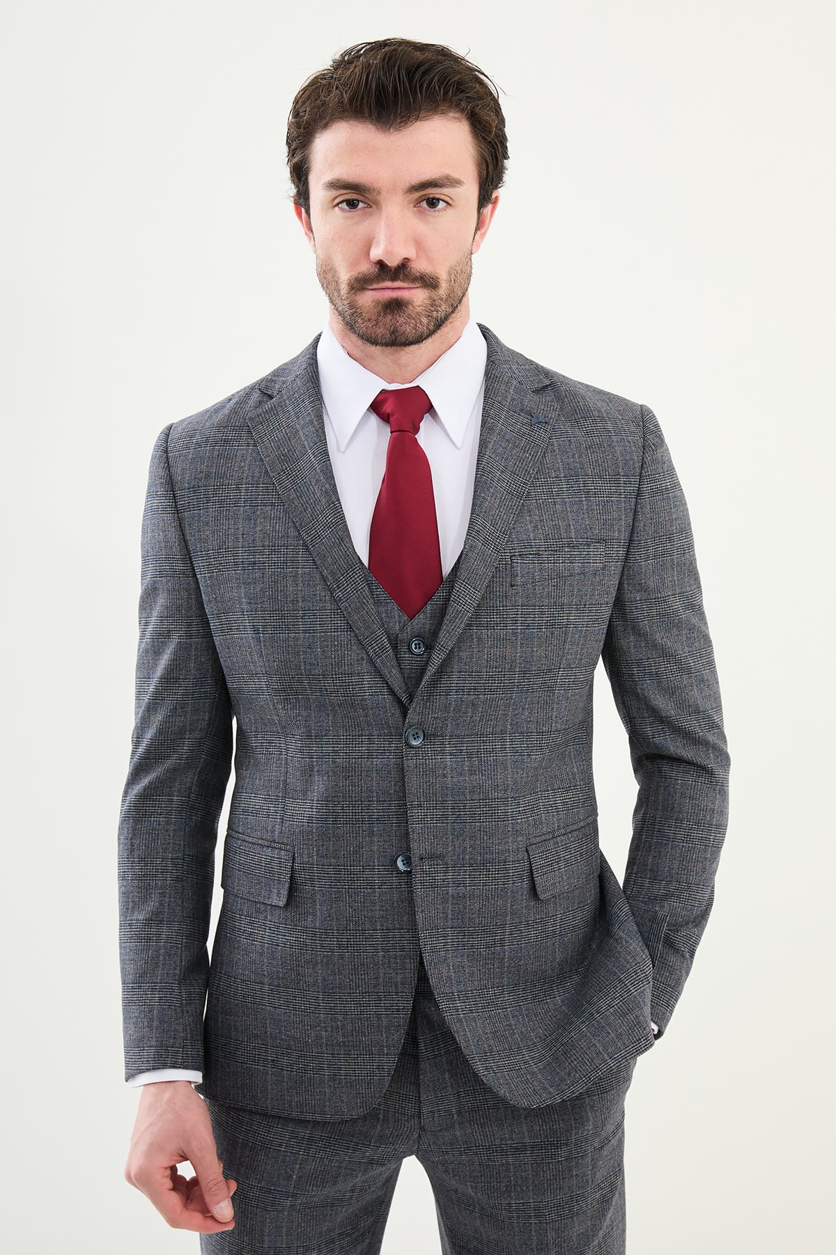 Ekoseli Slim Fit Mono Yaka Yün Erkek Takım Elbise - Lacivert