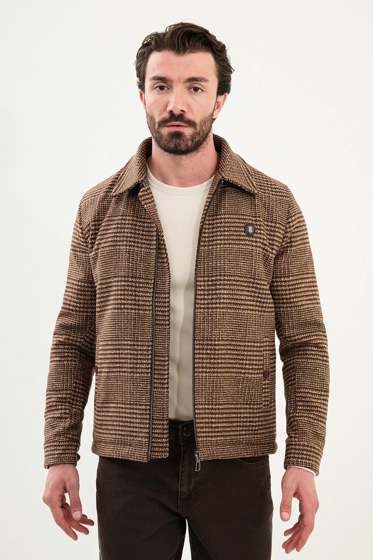 Ekoseli Slim Fit Gömlek Yaka Fermuarlı Yün Erkek Mont - Kahverengi