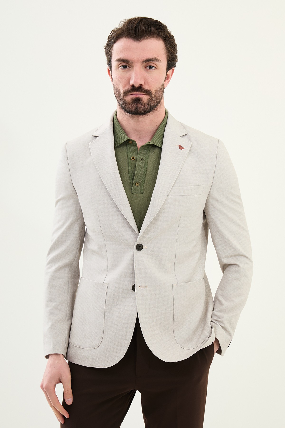 Desenli Slim Fit Torba Cep Mono Yaka Erkek Ceket - Bej