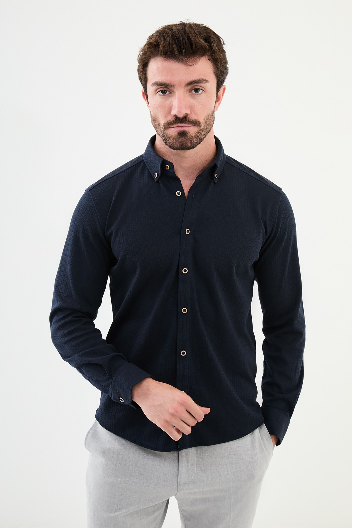 Desenli Slim Fit Erkek Gömlek - Lacivert