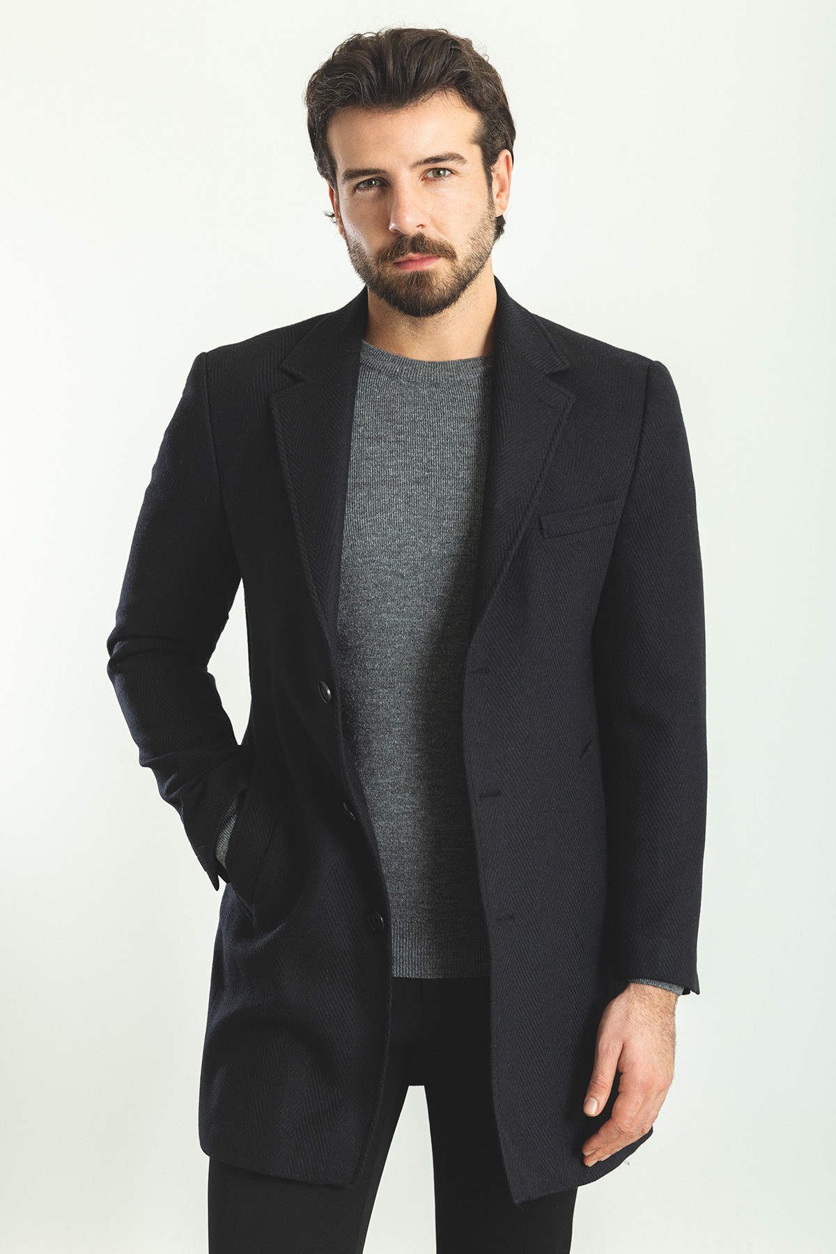 Desenli Slim Fit Mono Yaka Yün Erkek Kaban
