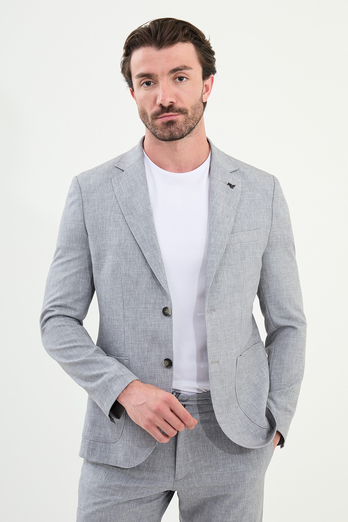 Kırçıllı Slim Fit Torba Cep Mono Yaka Erkek Takım Elbise - Gri