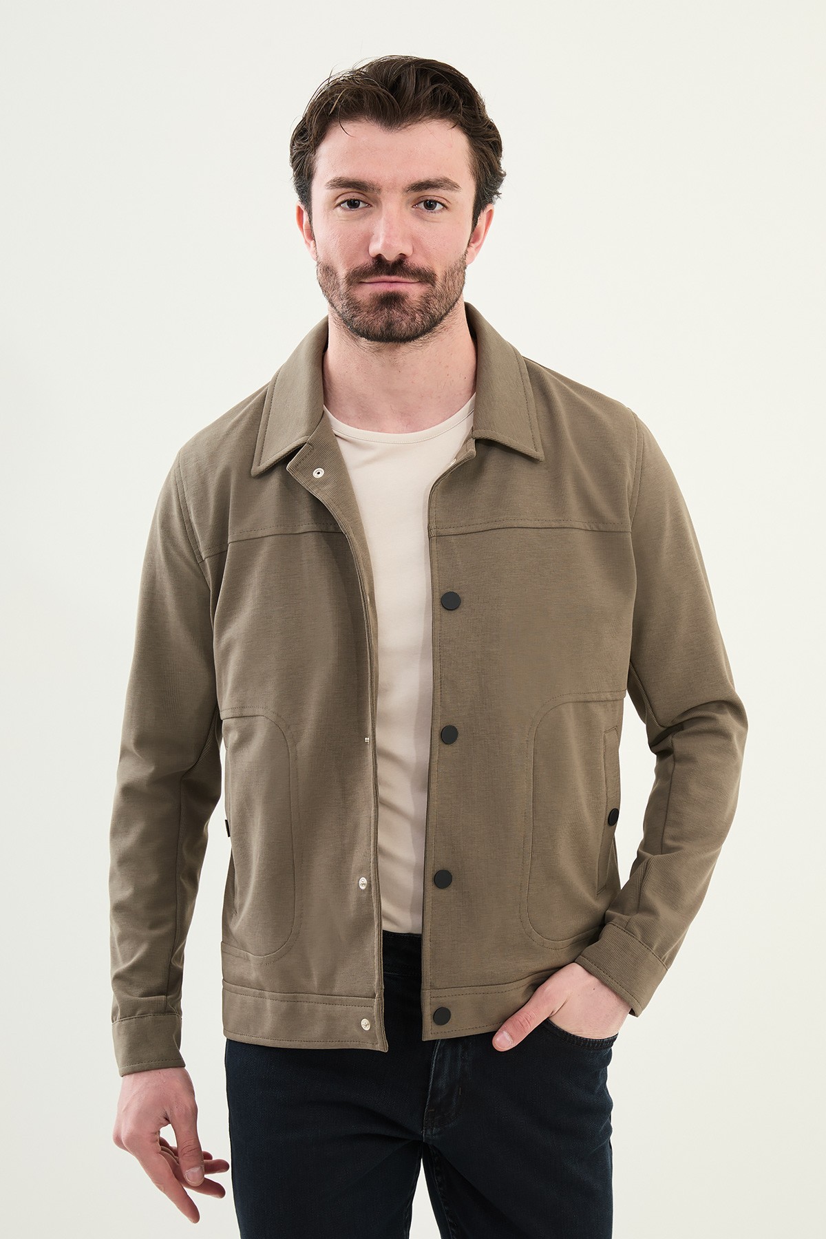 Çizgili Slim Fit Gömlek Yaka Erkek Mont - Haki