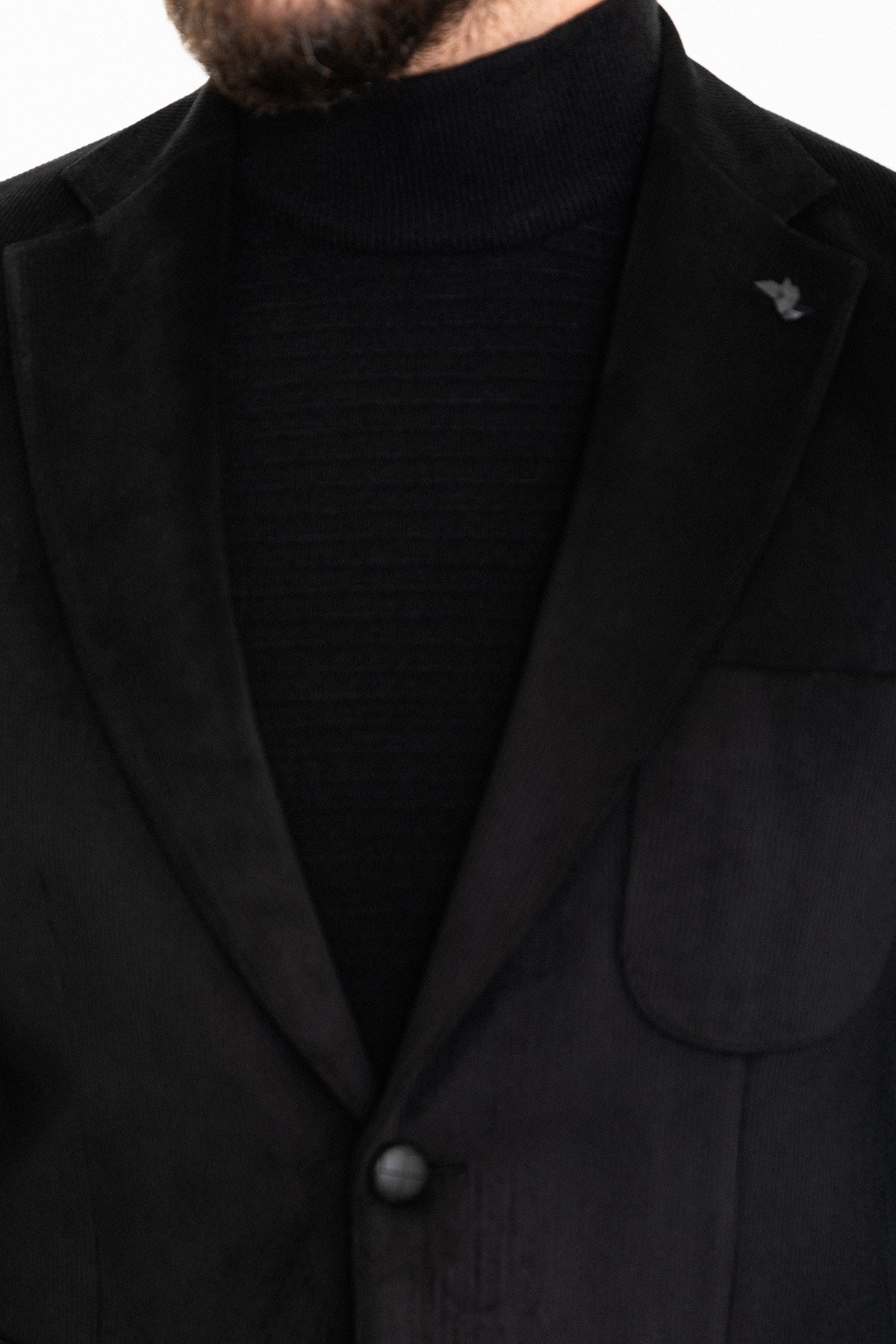 Çizgili Slim Fit Torba Cep Mono Yaka Kadife Erkek Ceket