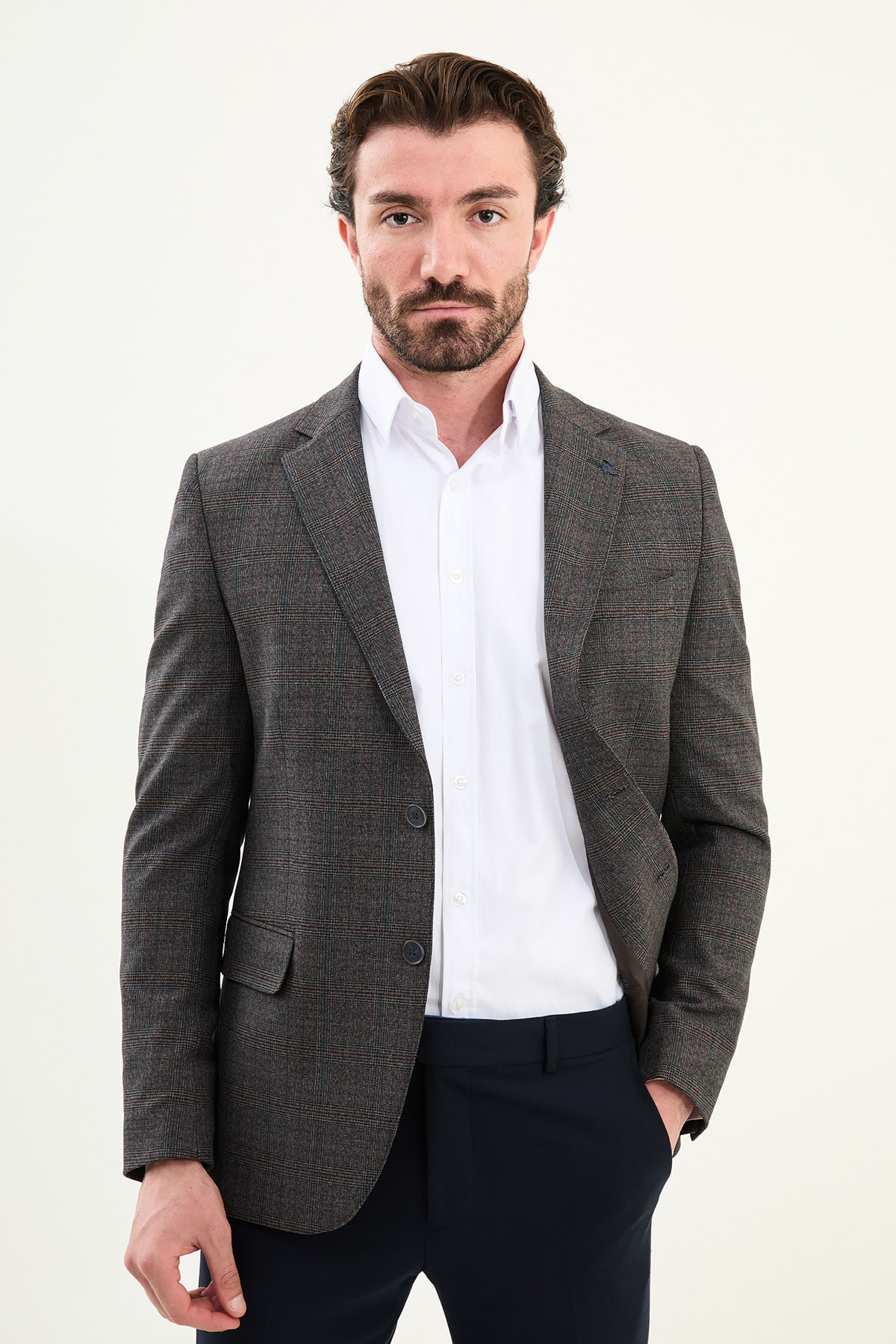 Ekoseli Slim Fit Mono Yaka Erkek Ceket - Kahverengi