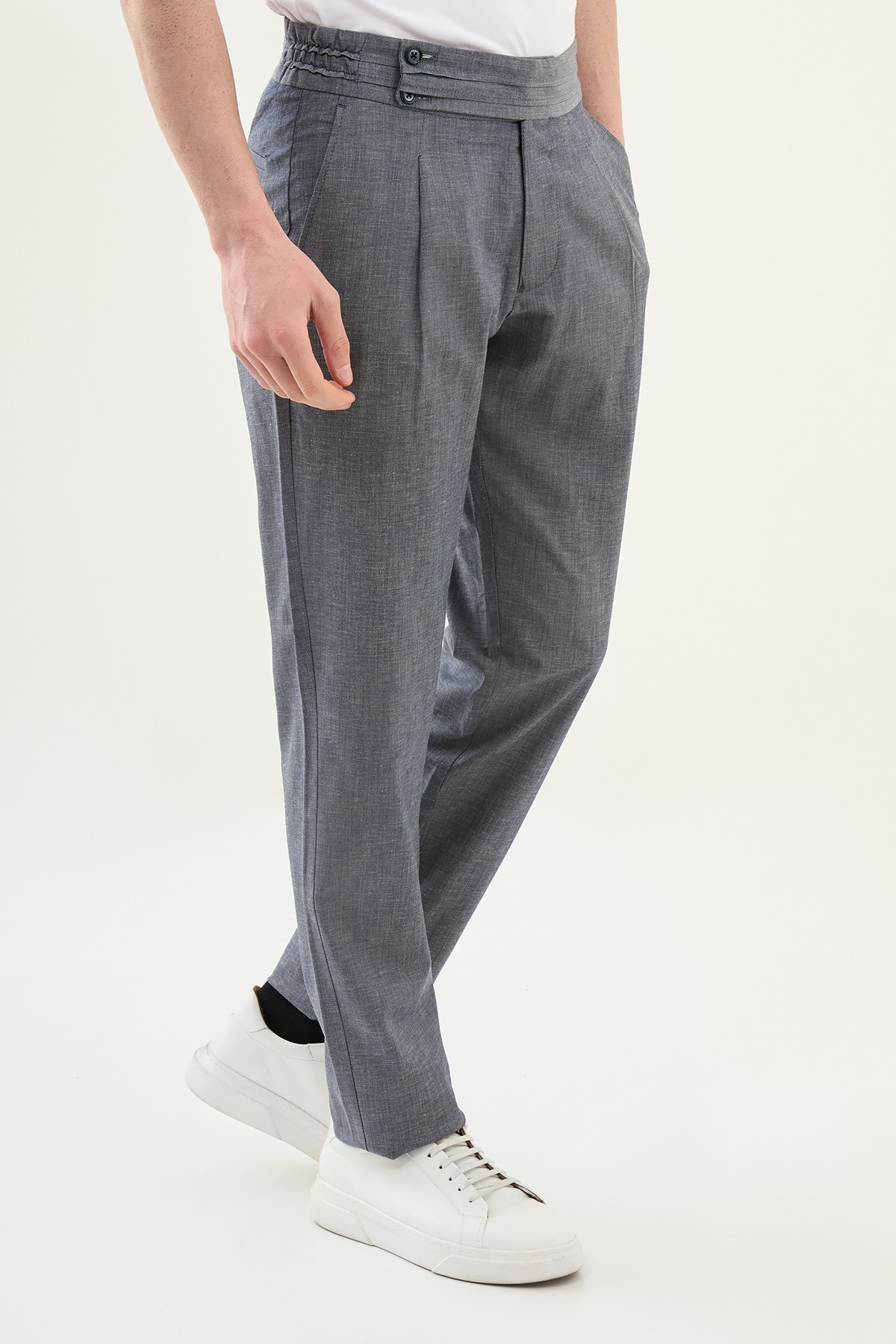 Düz Slim Fit Beli Lastikli Keten Erkek Pantolon