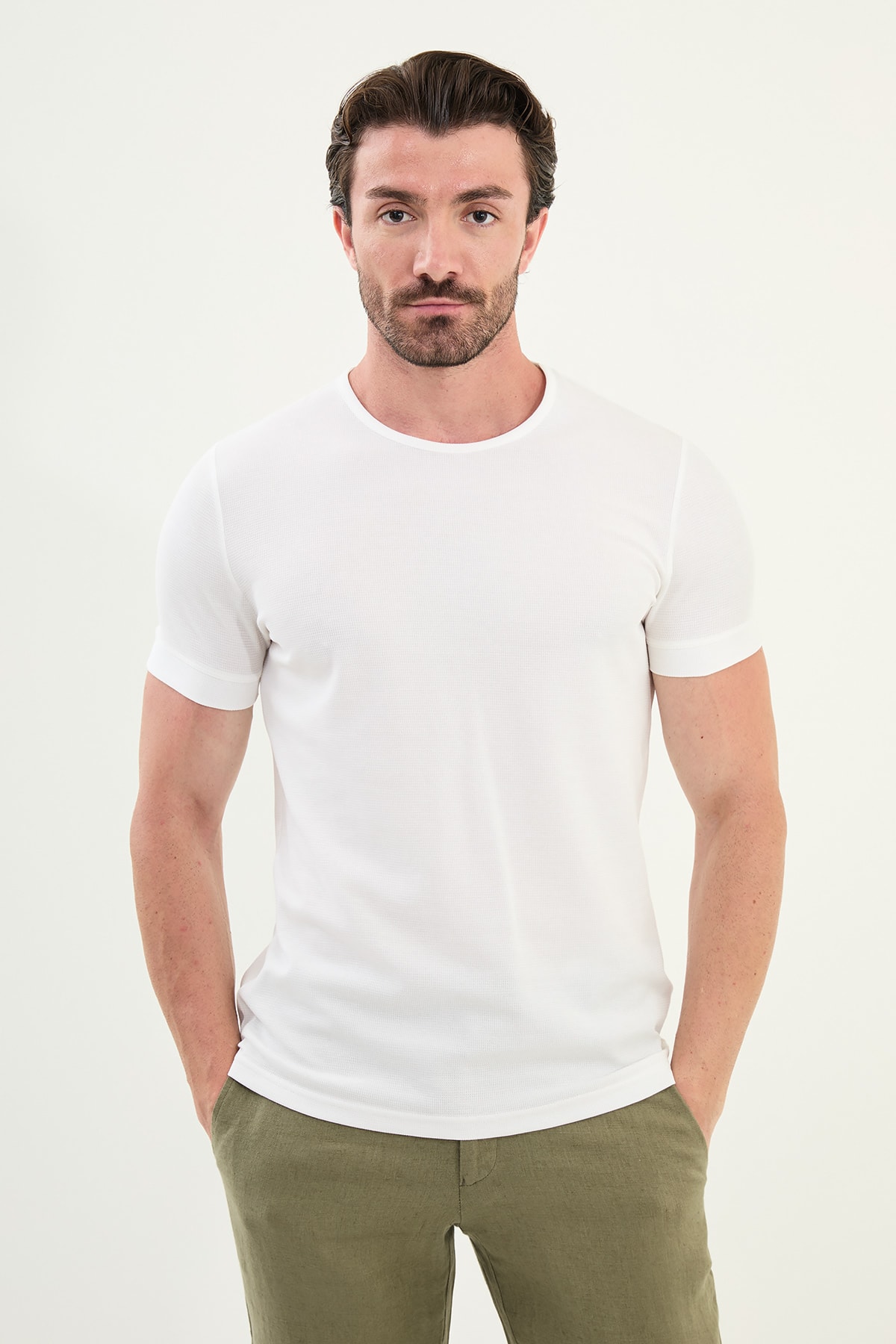 Desenli Slim Fit Kısa Kollu Pamuk Erkek T-Shirt - Ekru