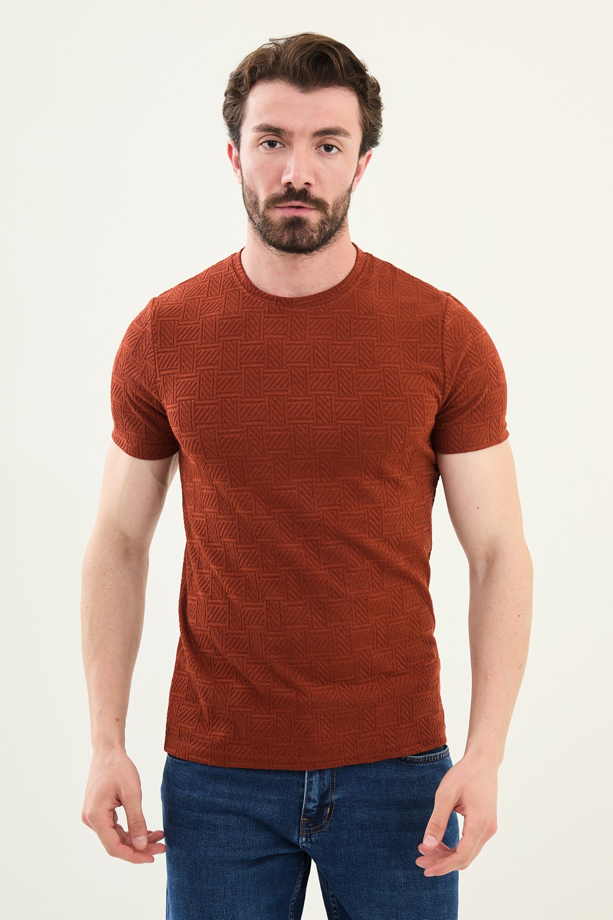 Desenli Slim Fit Bisiklet Yaka Erkek T-Shirt - Kiremit