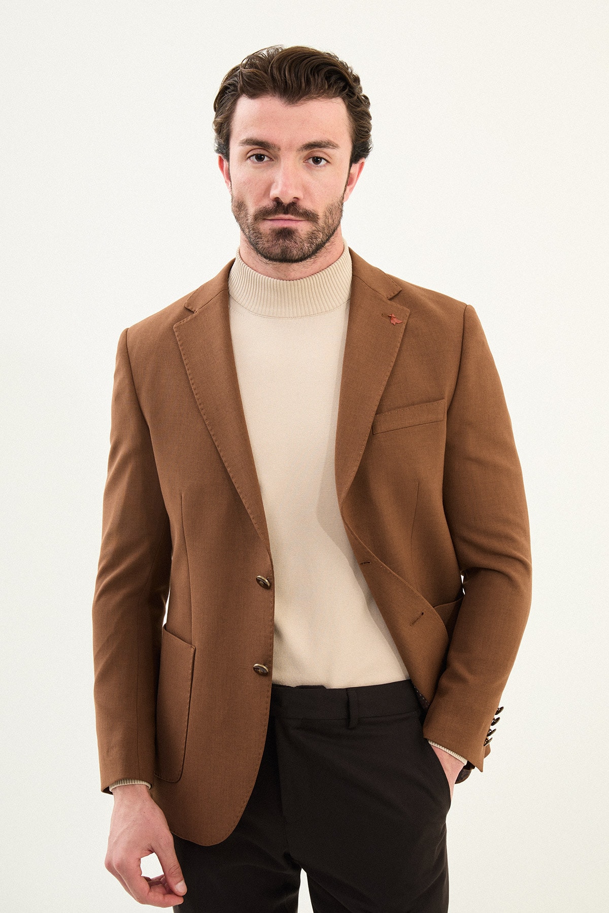 Düz Slim Fit Mono Yaka Torba Cepli Metal Düğmeli Erkek Ceket - Kamel