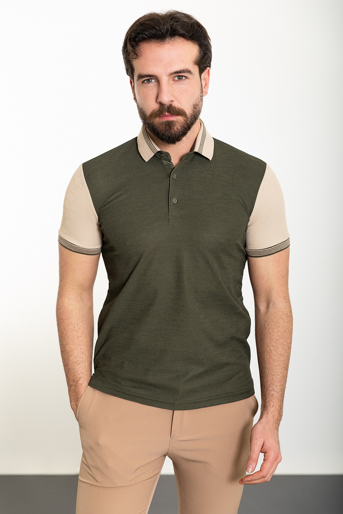 Parçalı Slim Fit Polo Yaka Erkek T-Shirt - Haki