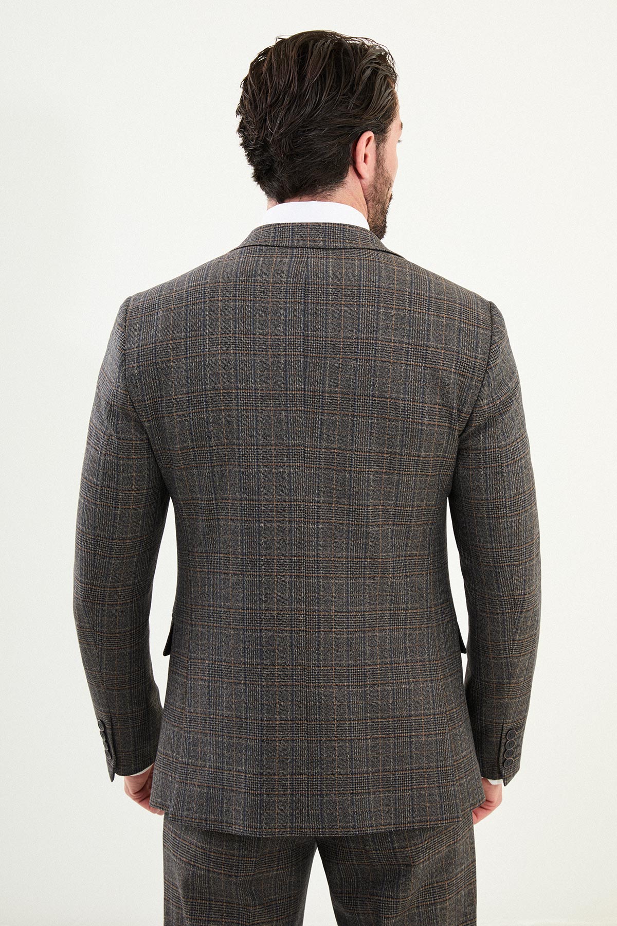 Ekoseli Slim Fit Mono Yaka Erkek Takım Elbise