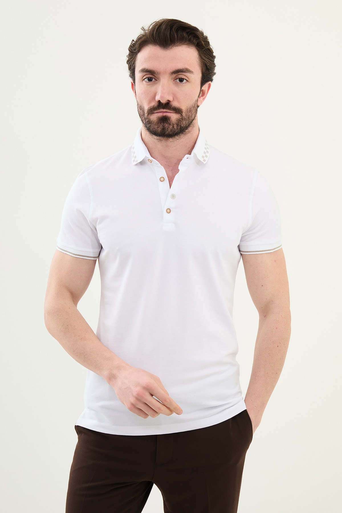 Düz Slim Fit Polo Yaka Pamuk Erkek T-Shirt - Beyaz