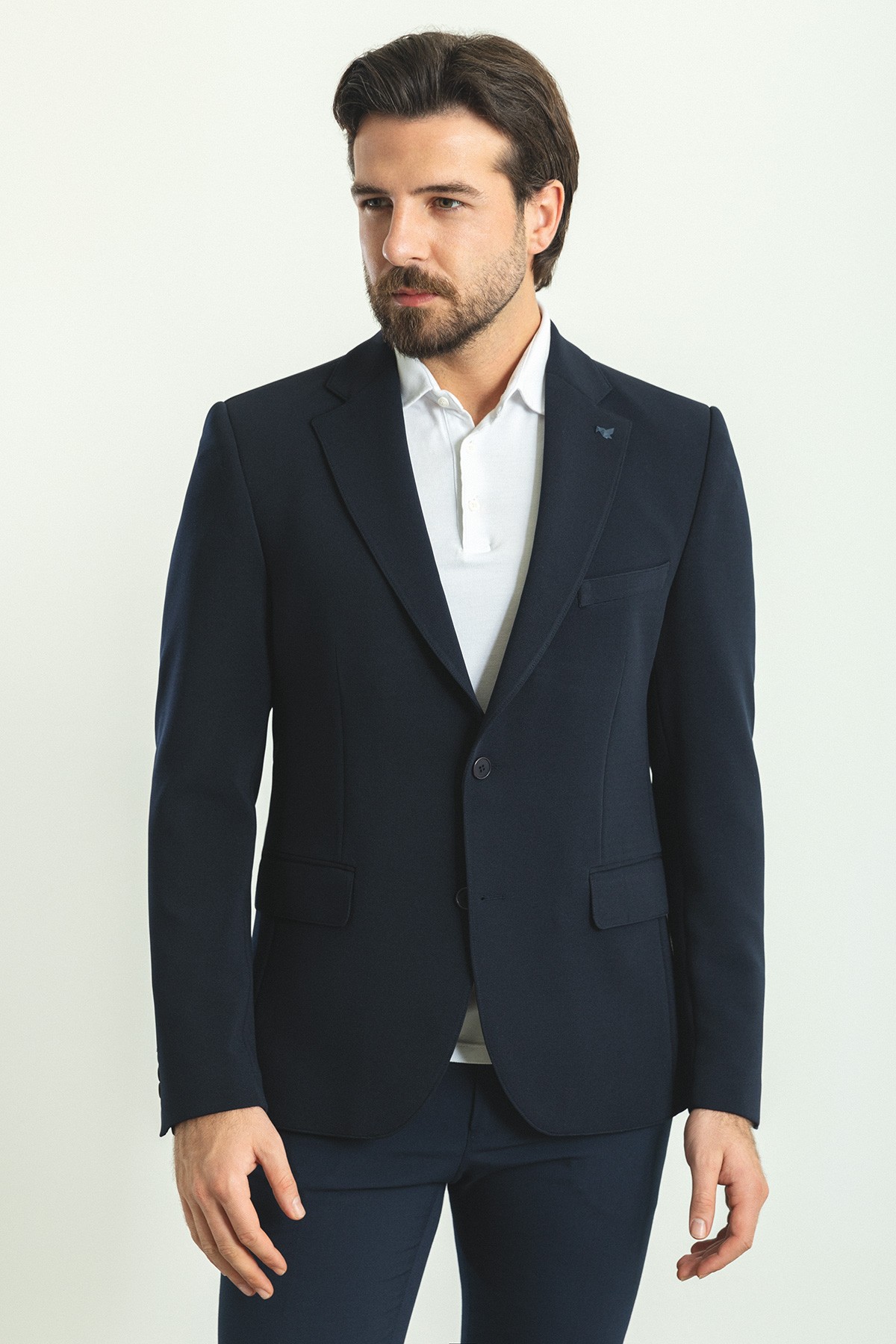 Çizgili Slim Fit Mono Yaka Klasik Erkek Ceket - Lacivert