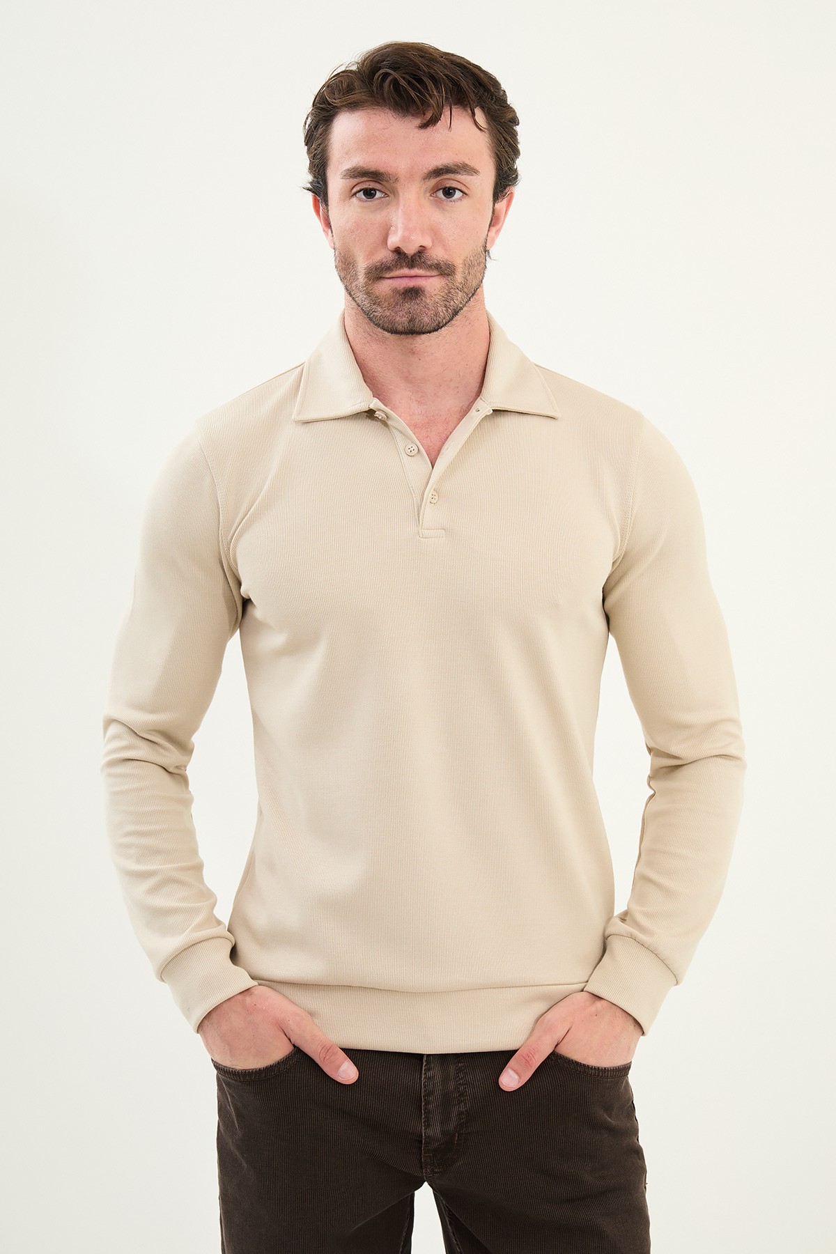 Çizgili Slim Fit Polo Yaka Uzun Kollu Pamuk Erkek T-Shirt - Koyu Bej