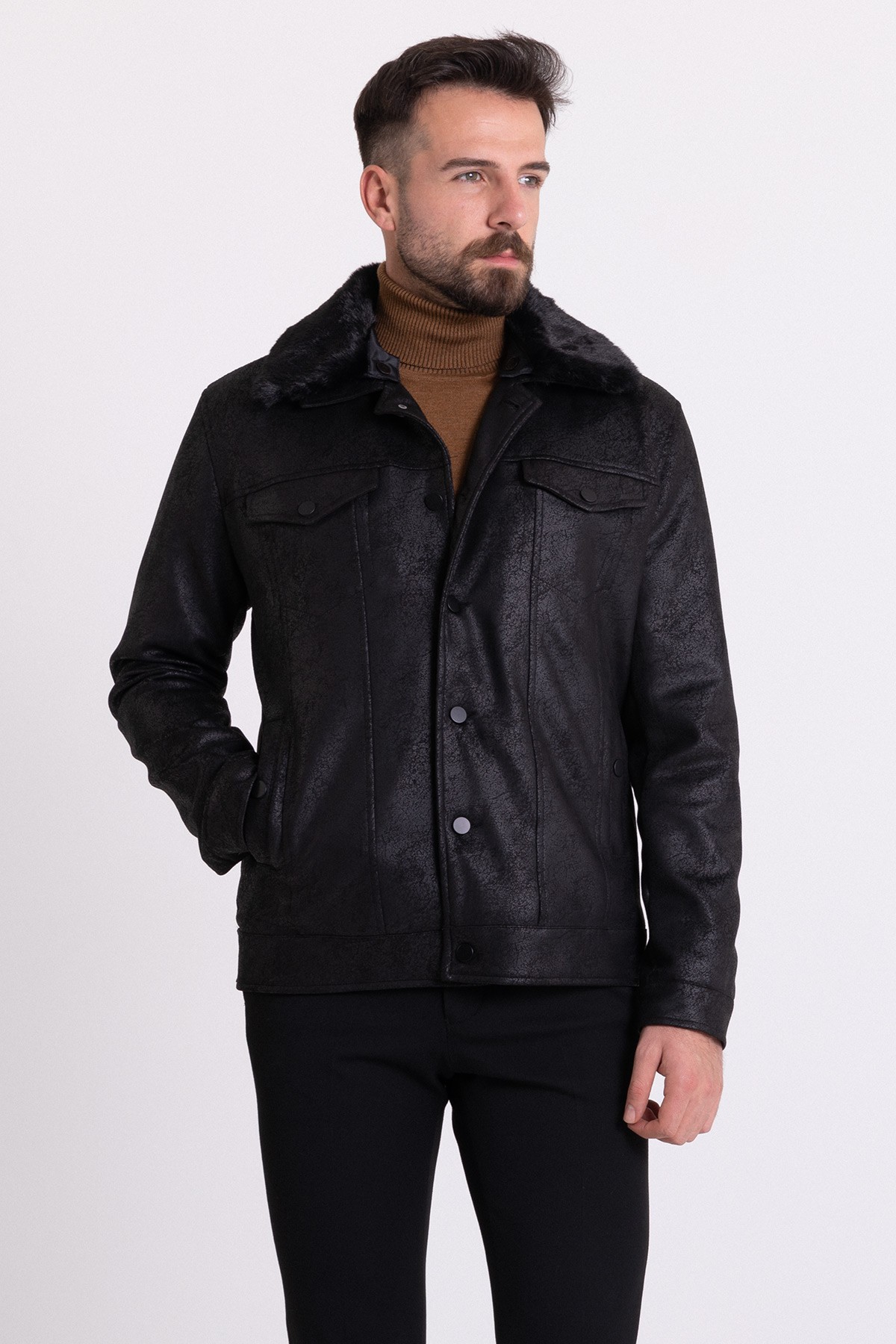 Slim Fit Kürk Detaylı Gömlek Yaka Nubuk Erkek Mont