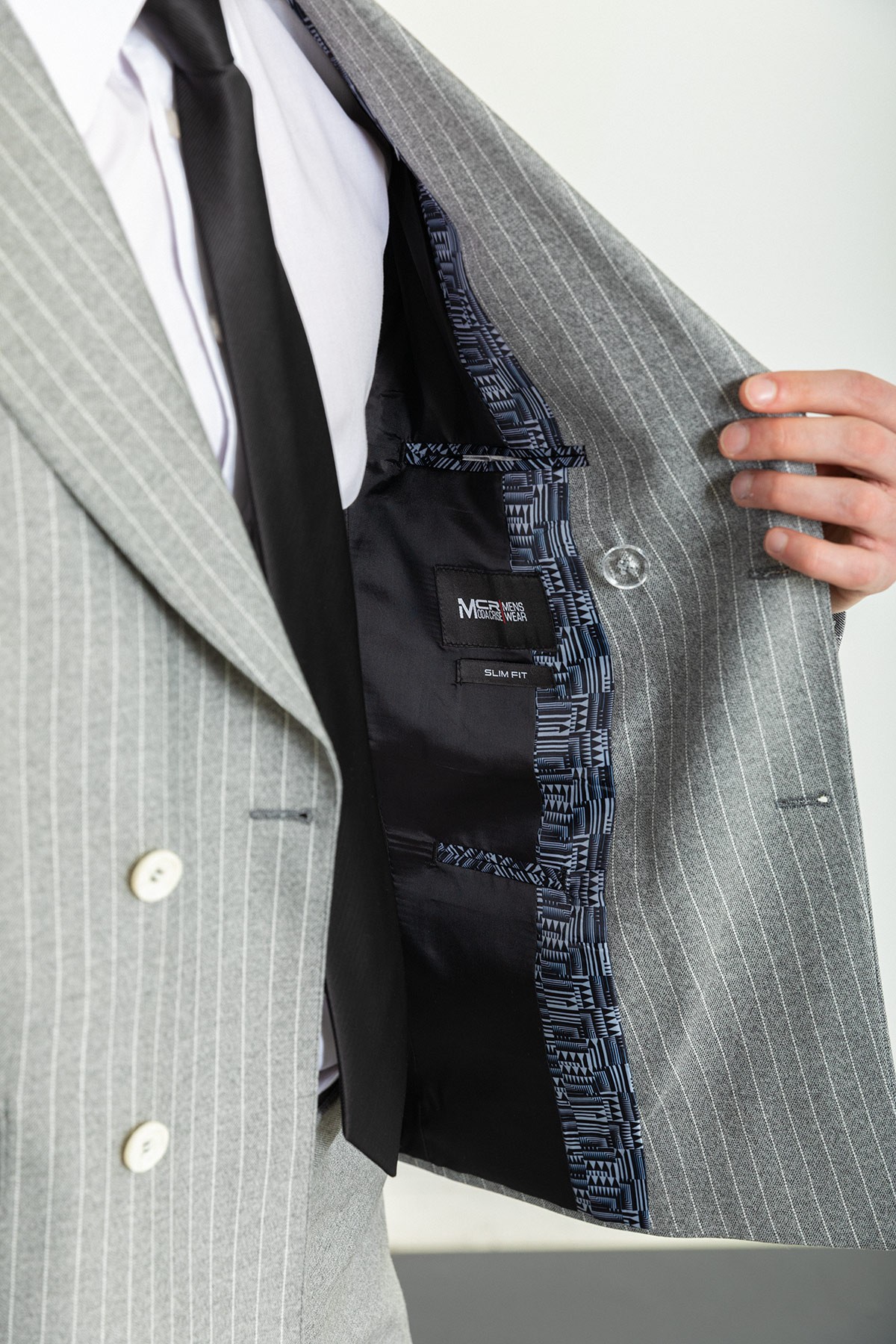 Cizgili Slim Fit Geniş Yaka Kruvaze Keten Erkek Takım Elbise