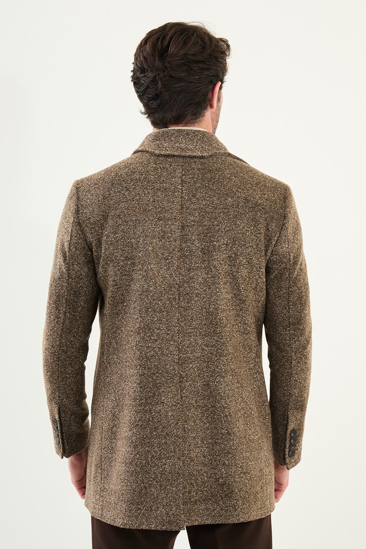 Kırçıllı Slim Fit Geniş Şal Yaka Çapraz Düğmeli Yün Erkek Kaban