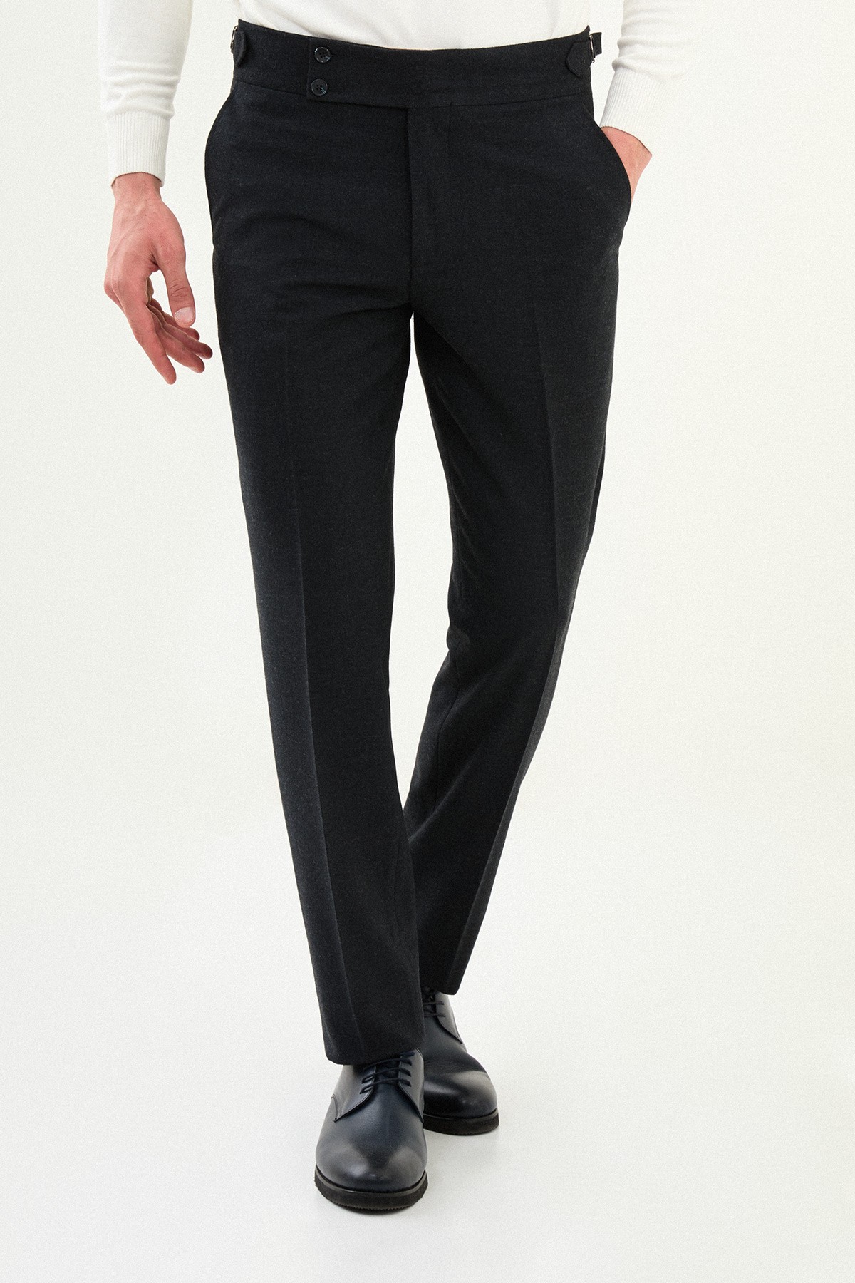 Dokulu Slim Fit Kemerli Yün Erkek Pantolon - Lacivert