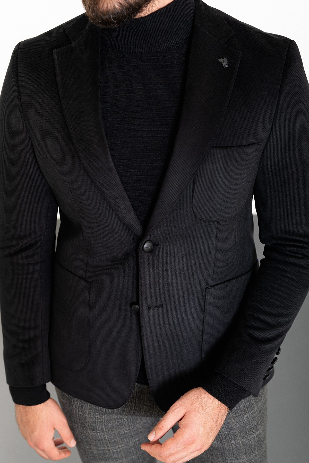 Çizgili Slim Fit Torba Cep Mono Yaka Kadife Erkek Ceket