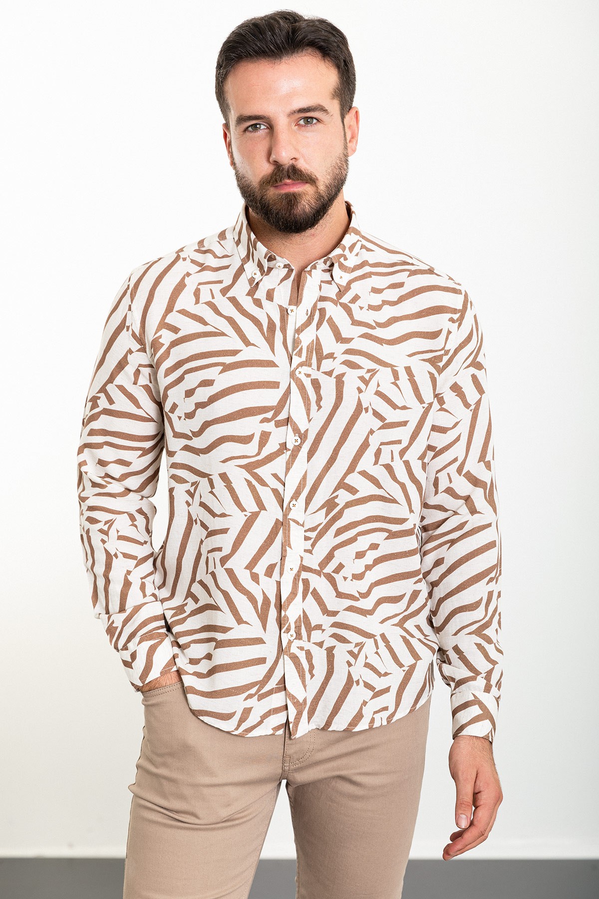 Desenli Slim Fit Uzun Kollu Erkek Gömlek - Kamel-Ekru