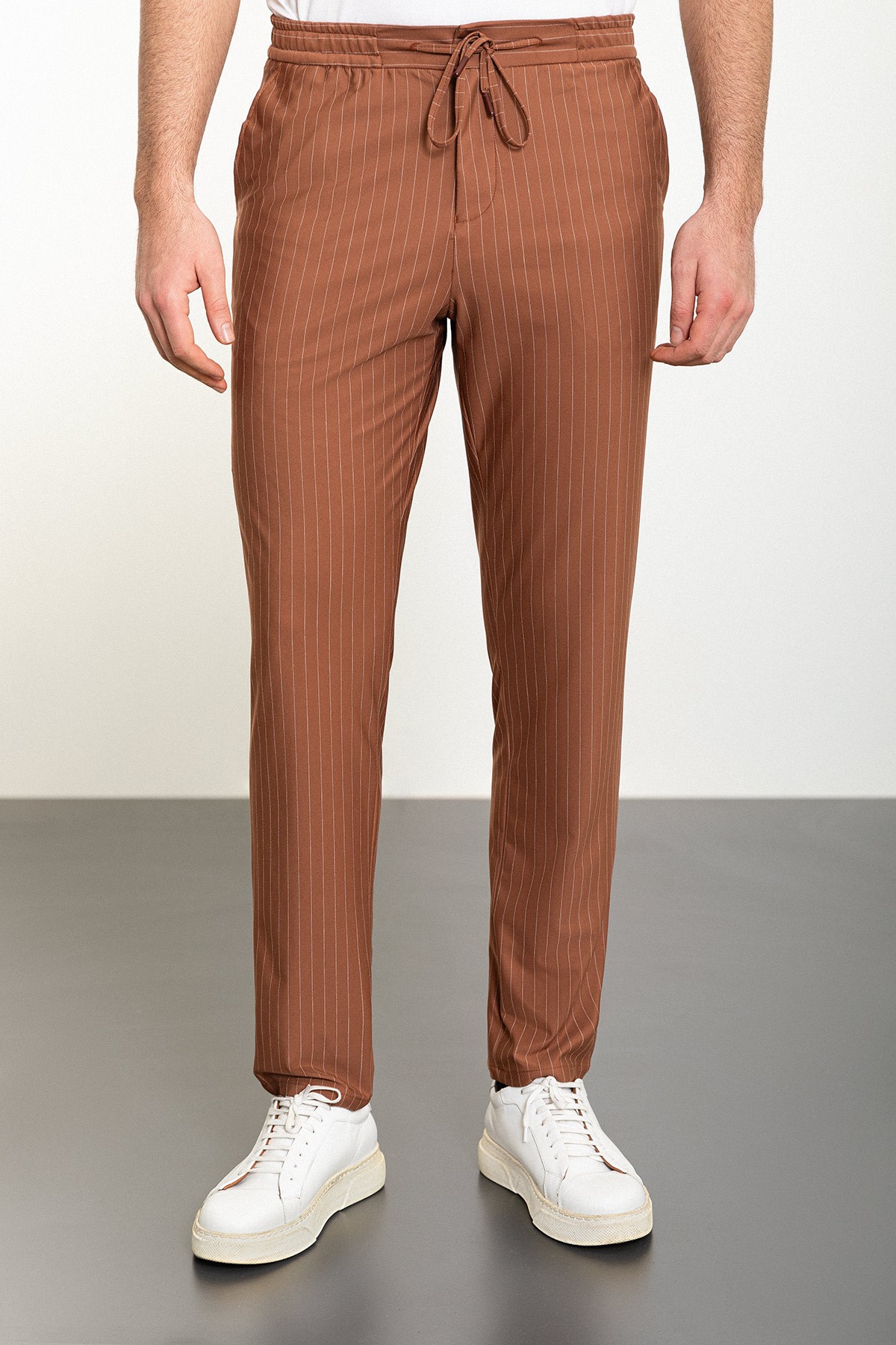 Çizgili Super Slim Fit Beli Lastikli İpli Erkek Pantolon - Kiremit