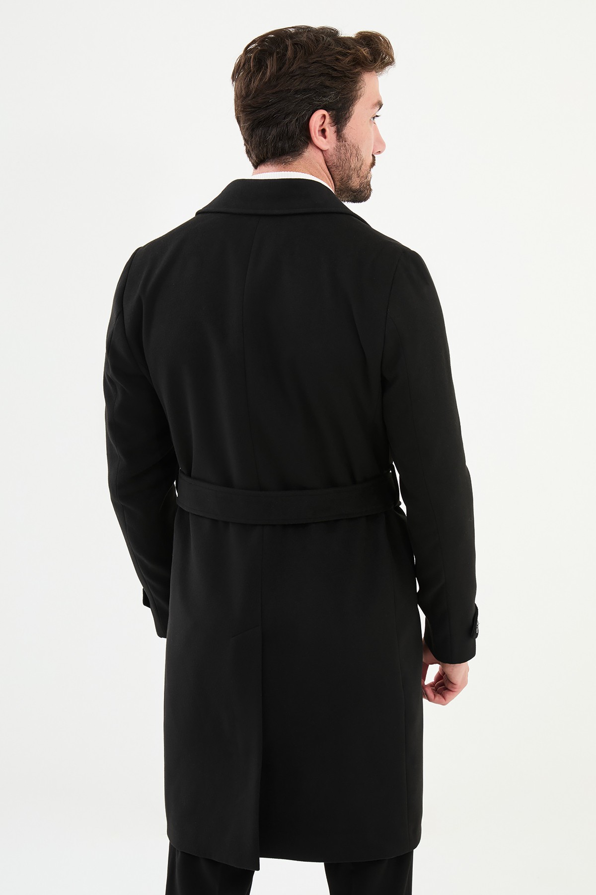 Düz Slim Fit Geniş Yaka Kuşaklı Kruvaze Kaşe Uzun Erkek Kaban