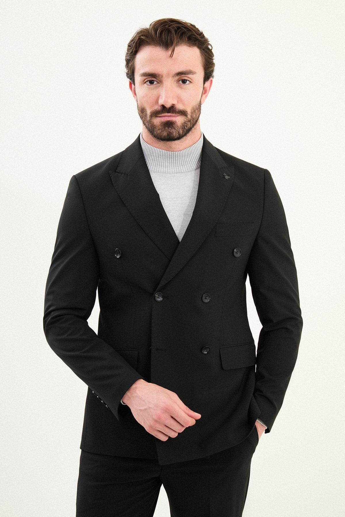 Düz Slim Fit Geniş Yaka Kruvaze Erkek Takım Elbise - Siyah