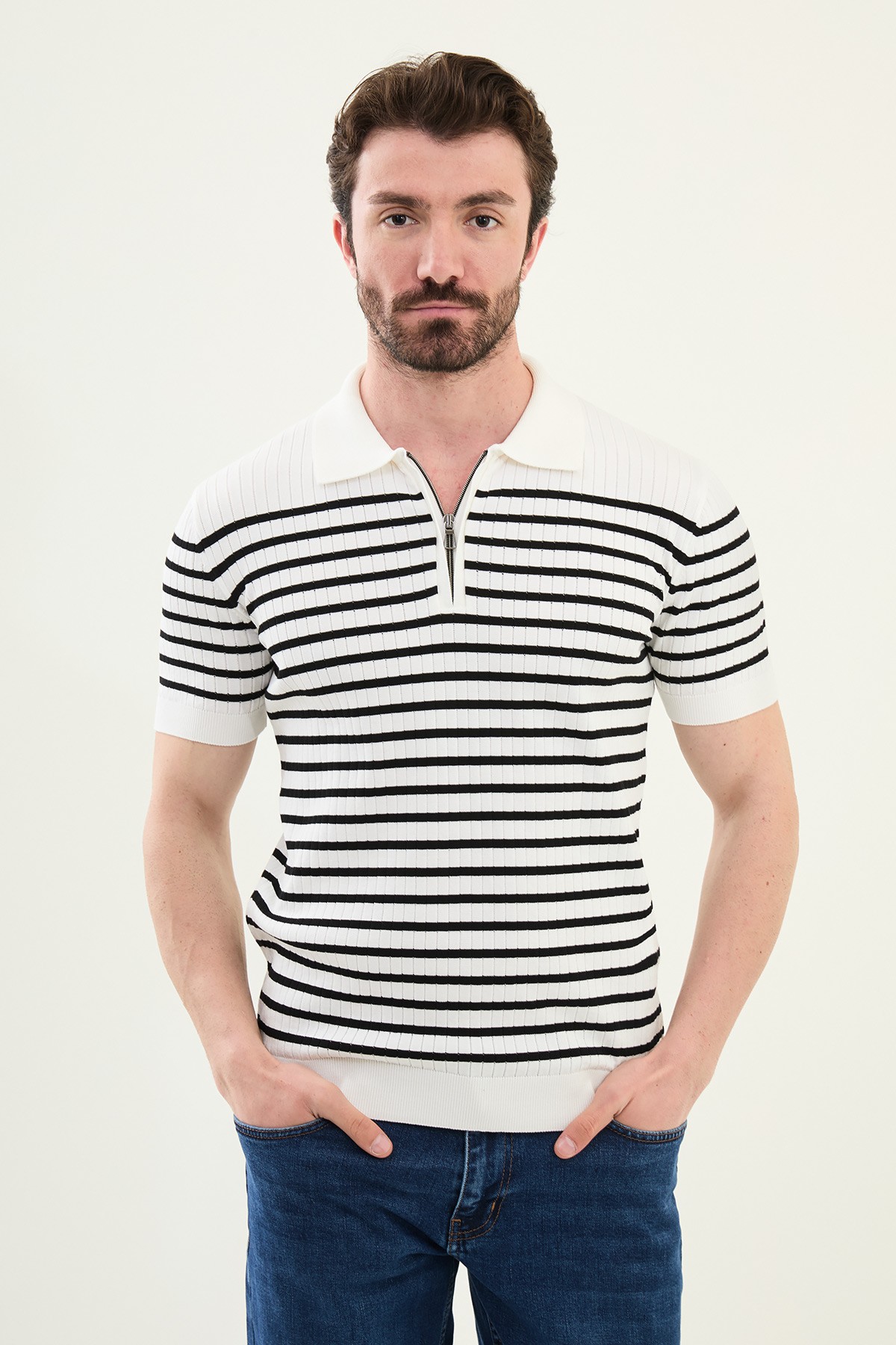 Çizgili Slim Fit Fermuarlı Polo Yaka Erkek Triko T-Shirt - Ekru