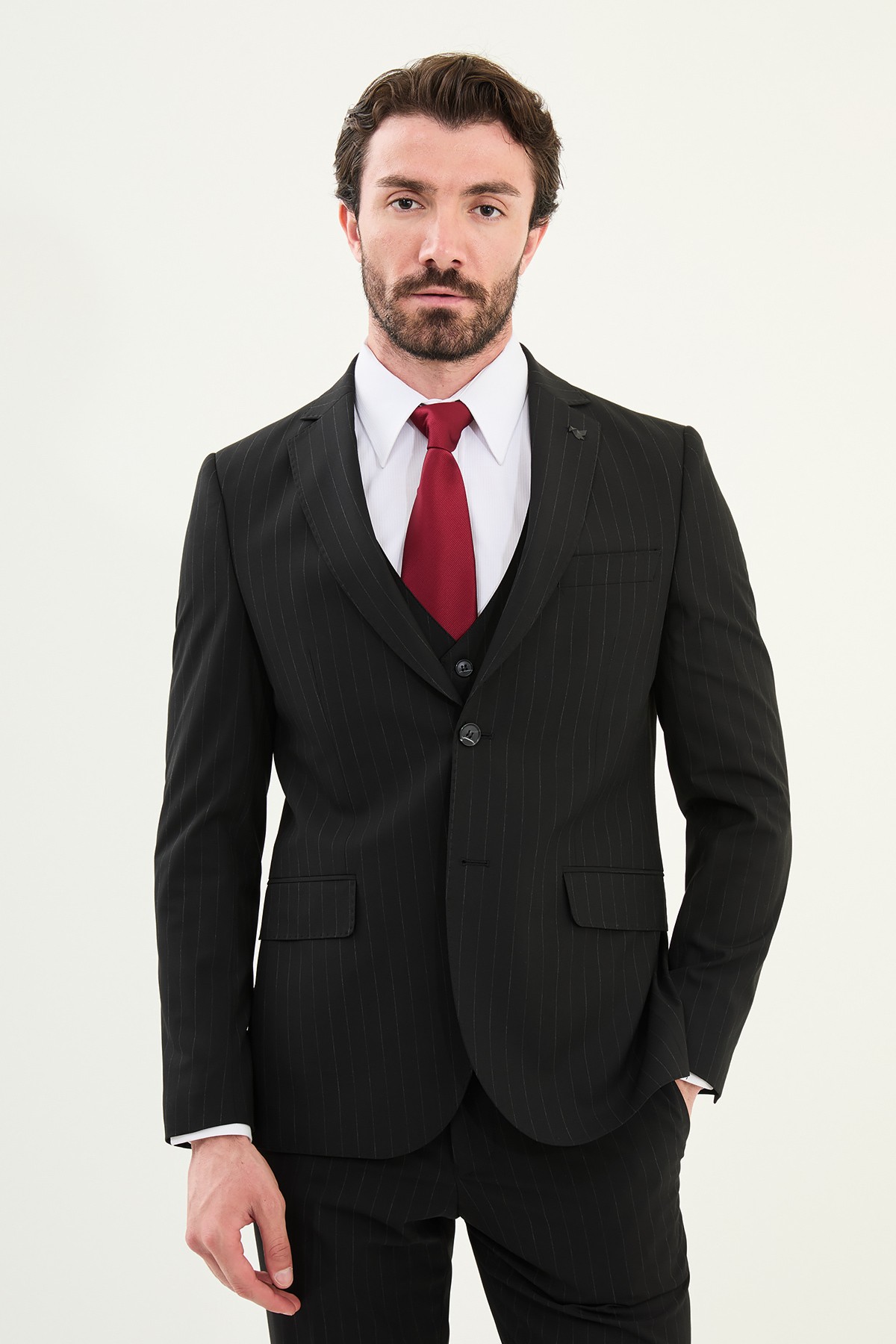 Çizgili Slim Fit Mono Yaka Yün Erkek Takım Elbise