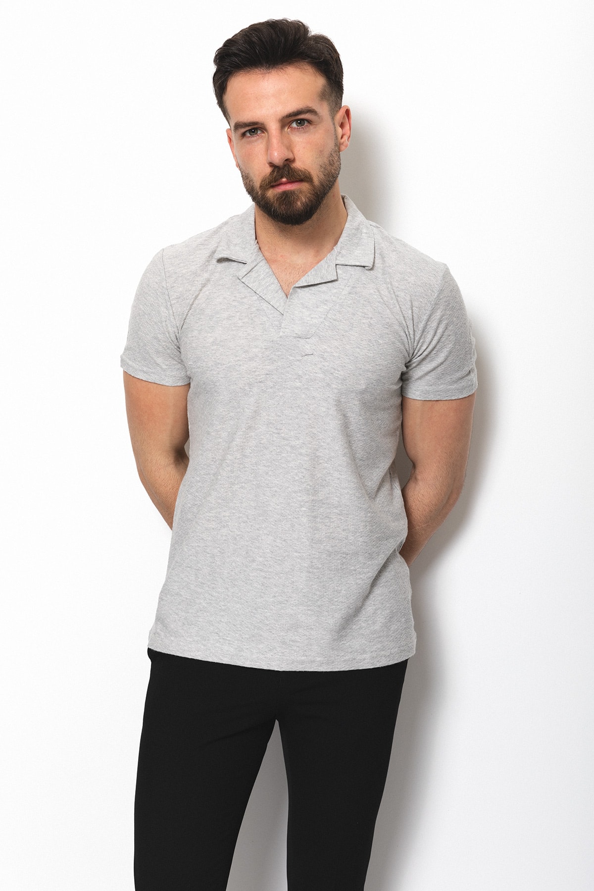 Desenli Slim Fit Apaç Yaka Erkek T-Shirt - Gri