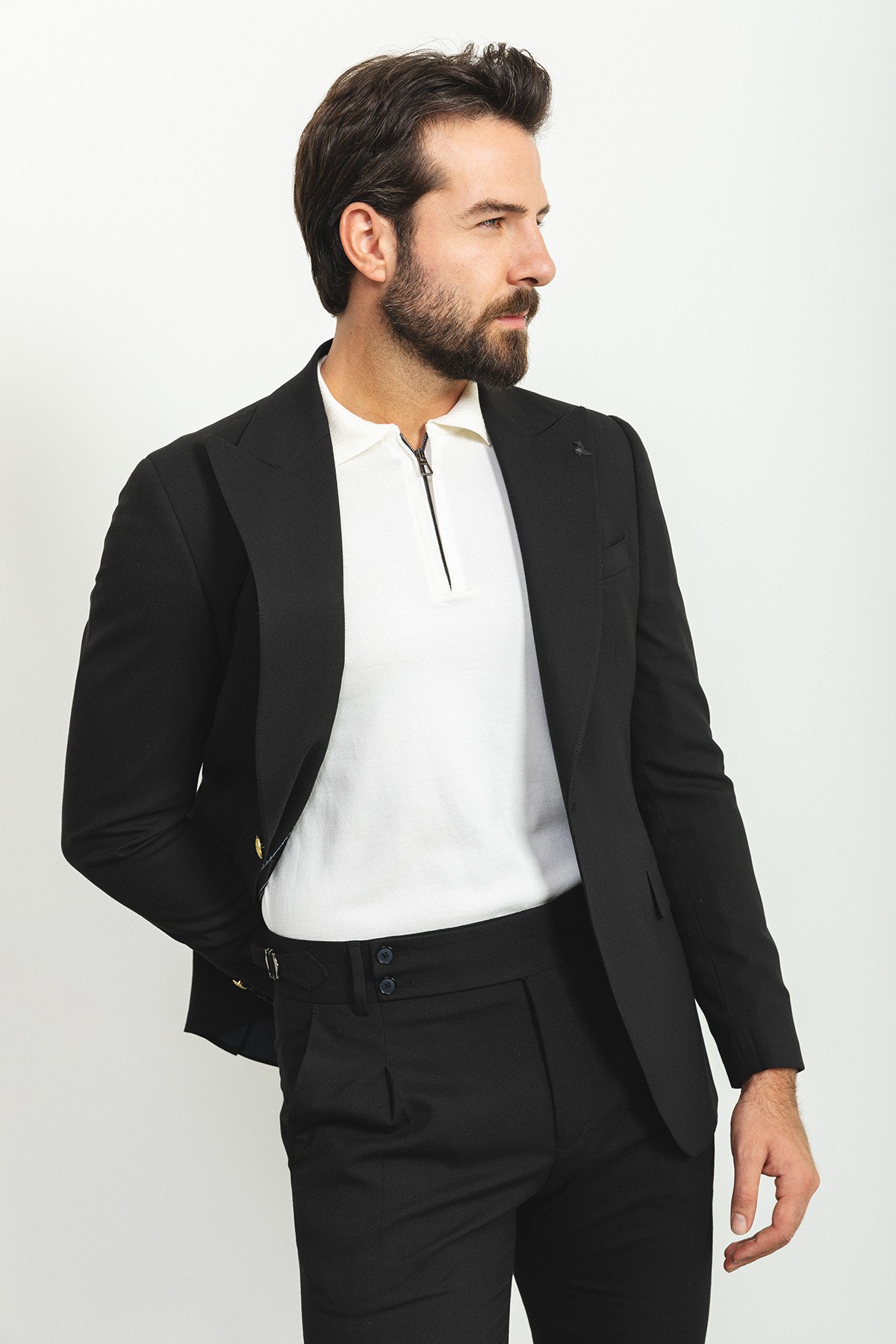 Düz Pileli Pantolon Slim Fit Geniş Yaka Yün Erkek Takım Elbise
