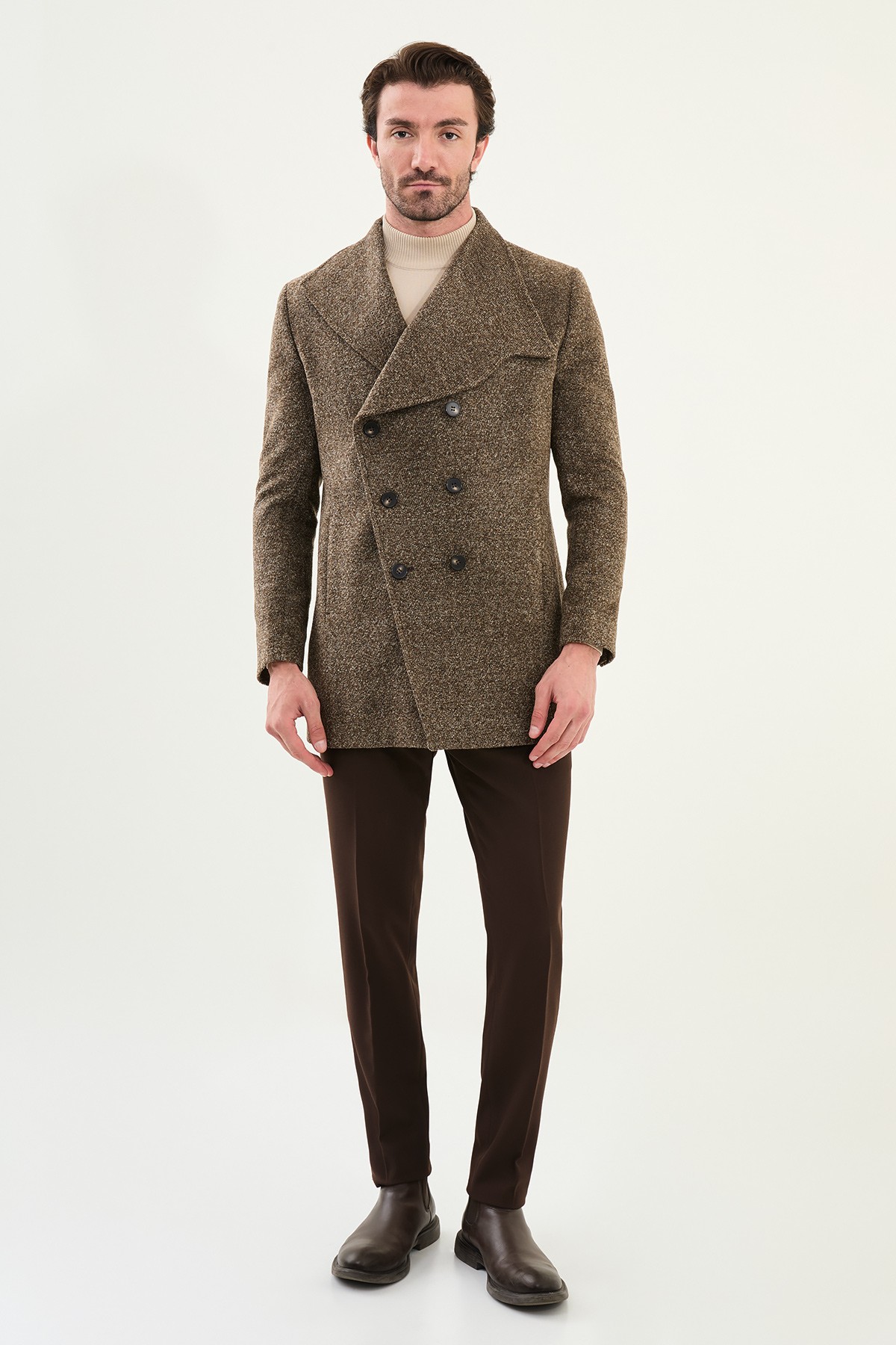 Kırçıllı Slim Fit Geniş Şal Yaka Çapraz Düğmeli Yün Erkek Kaban