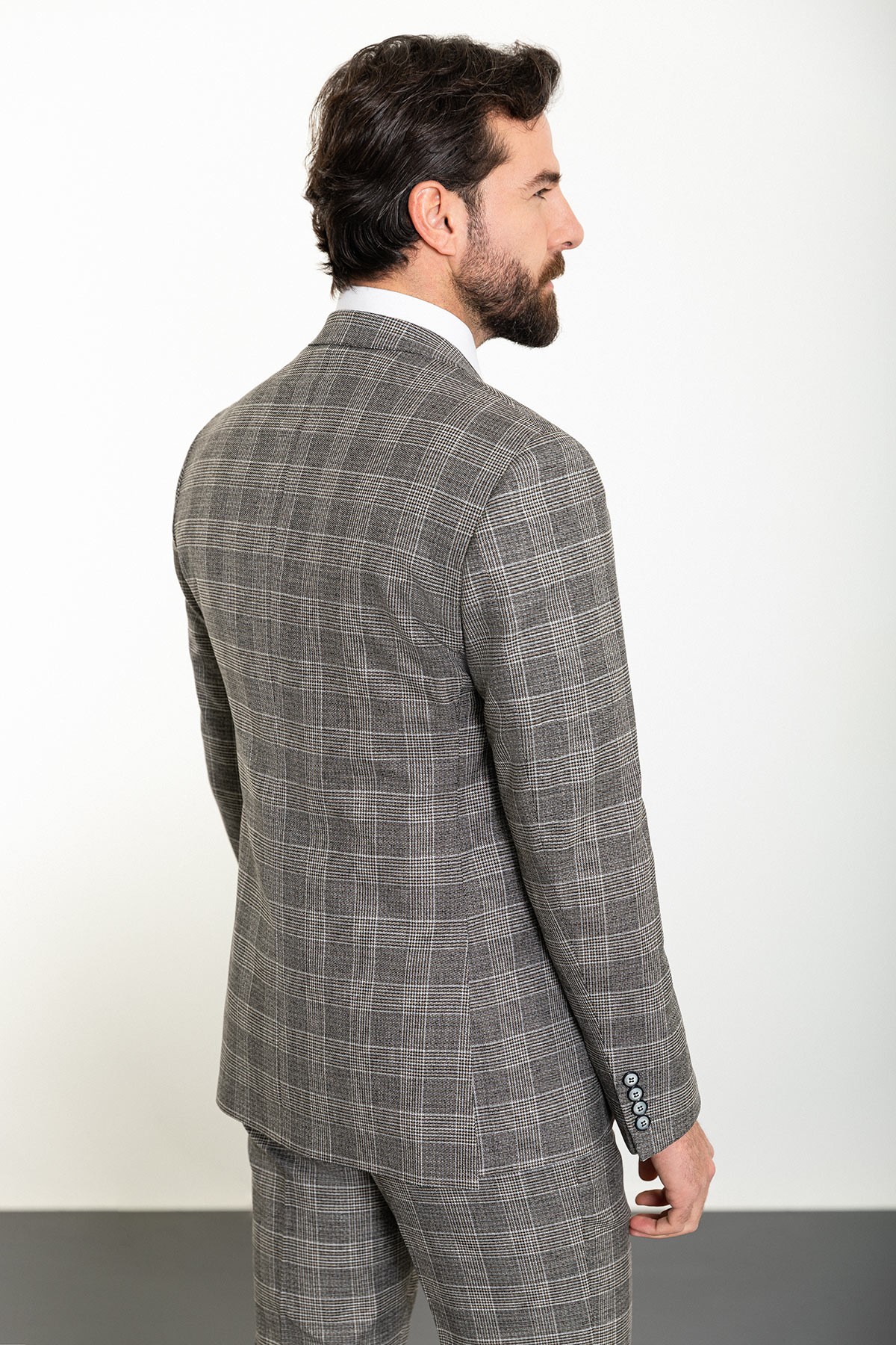 Ekoseli Slim Fit Mono Yaka Keten Erkek Takım Elbise